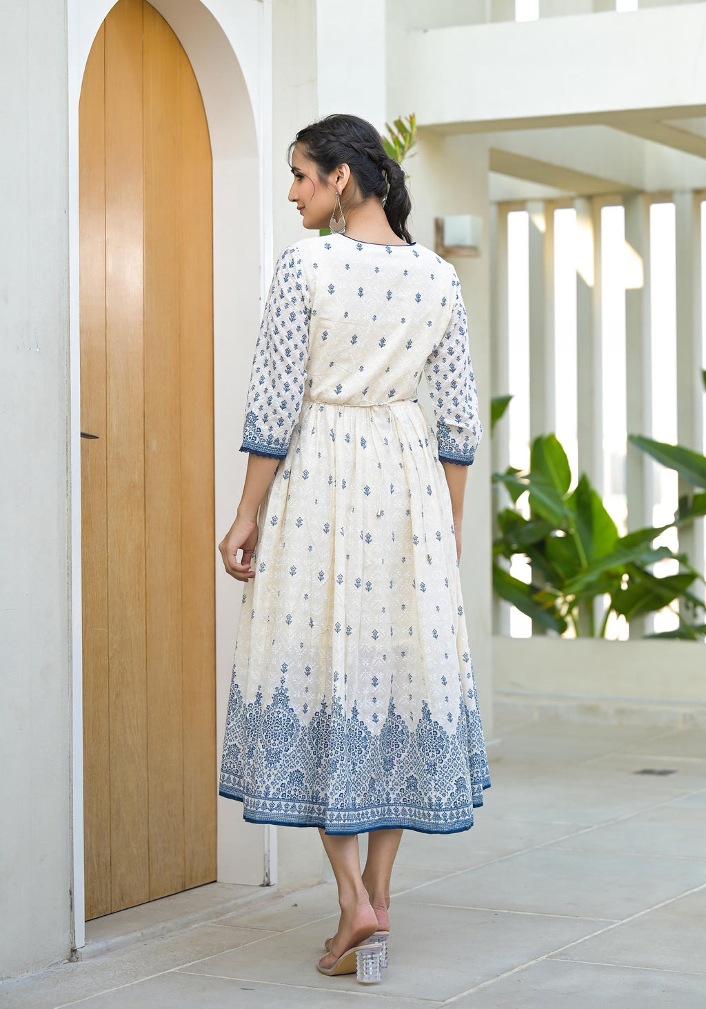 Juniper Serene Ivory Indigo Mughal Motif Cotton Midi Dress