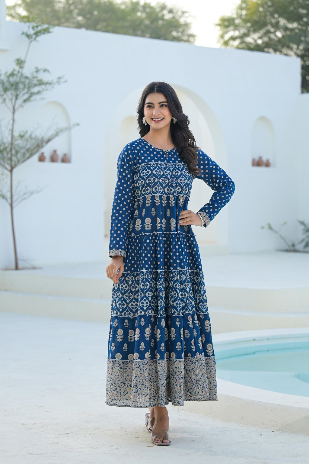 Juniper Indigo Ethnic Motif Printed Cotton Long Dress With Sequins & Thread Work