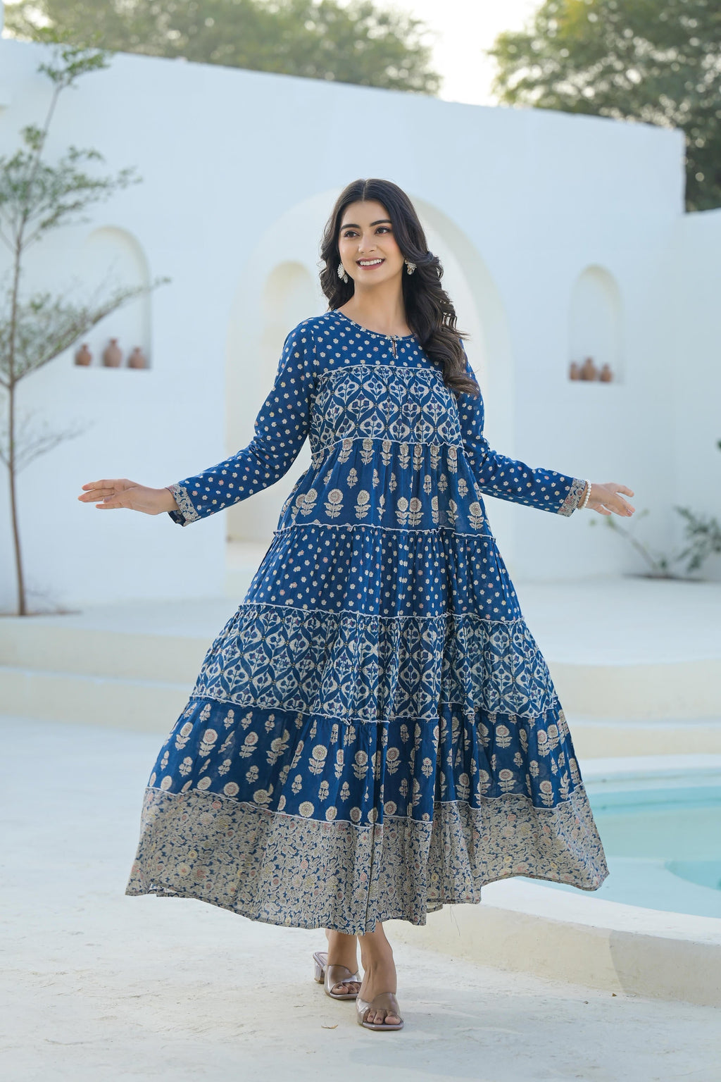 Juniper Indigo Ethnic Motif Printed Cotton Long Dress With Sequins & Thread Work