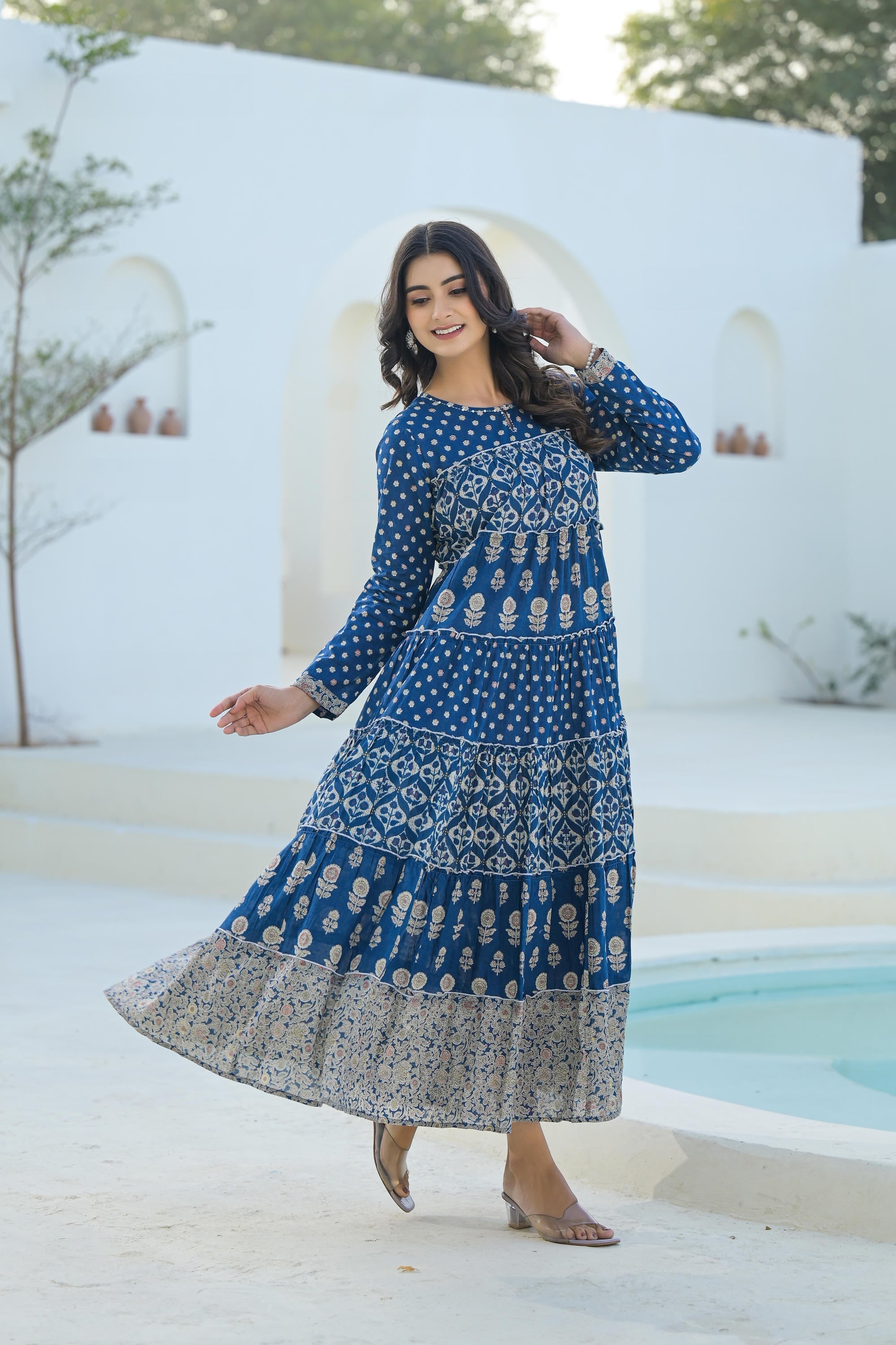 Juniper Indigo Ethnic Motif Printed Cotton Long Dress With Sequins & Thread Work