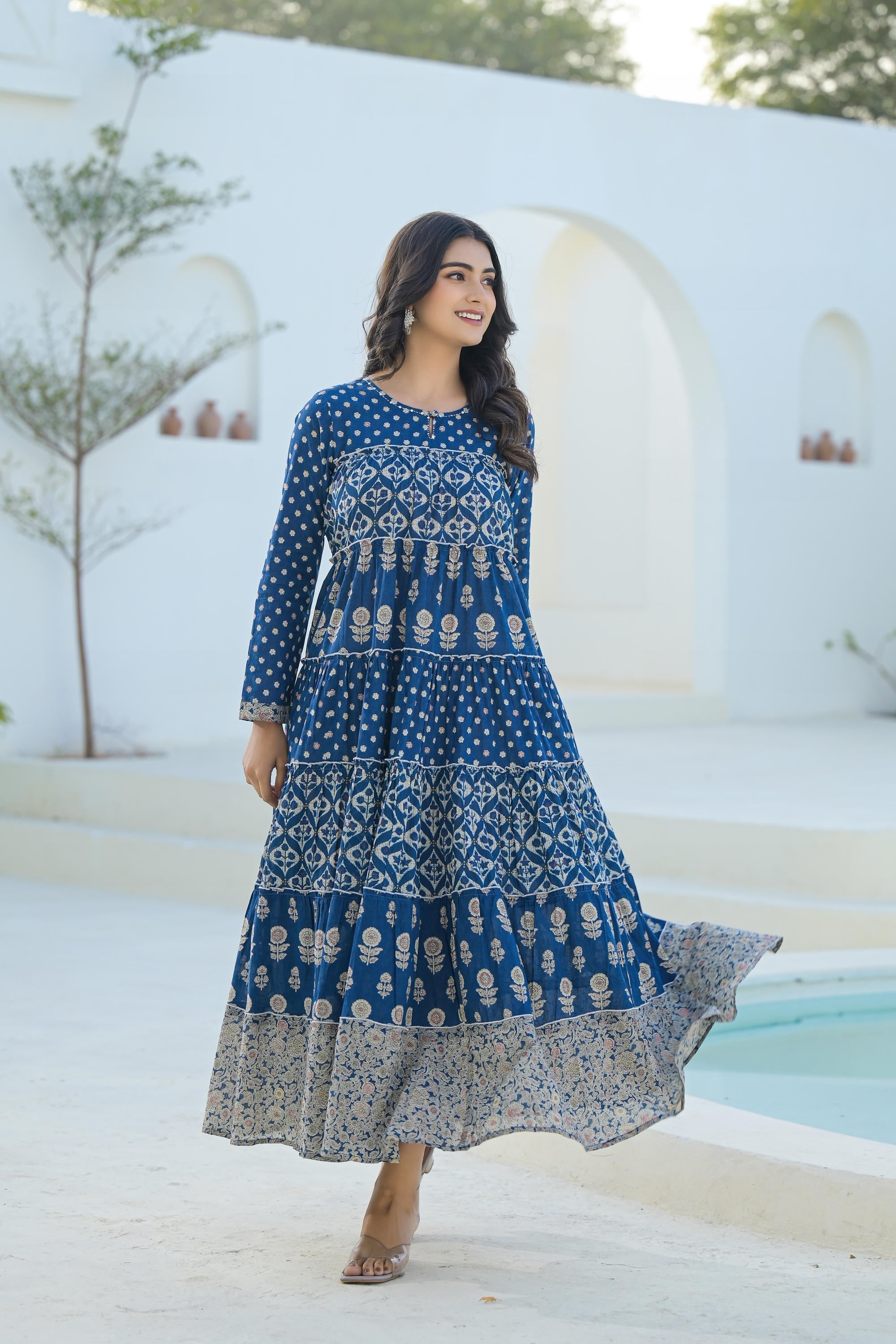Juniper Indigo Ethnic Motif Printed Cotton Long Dress With Sequins & Thread Work