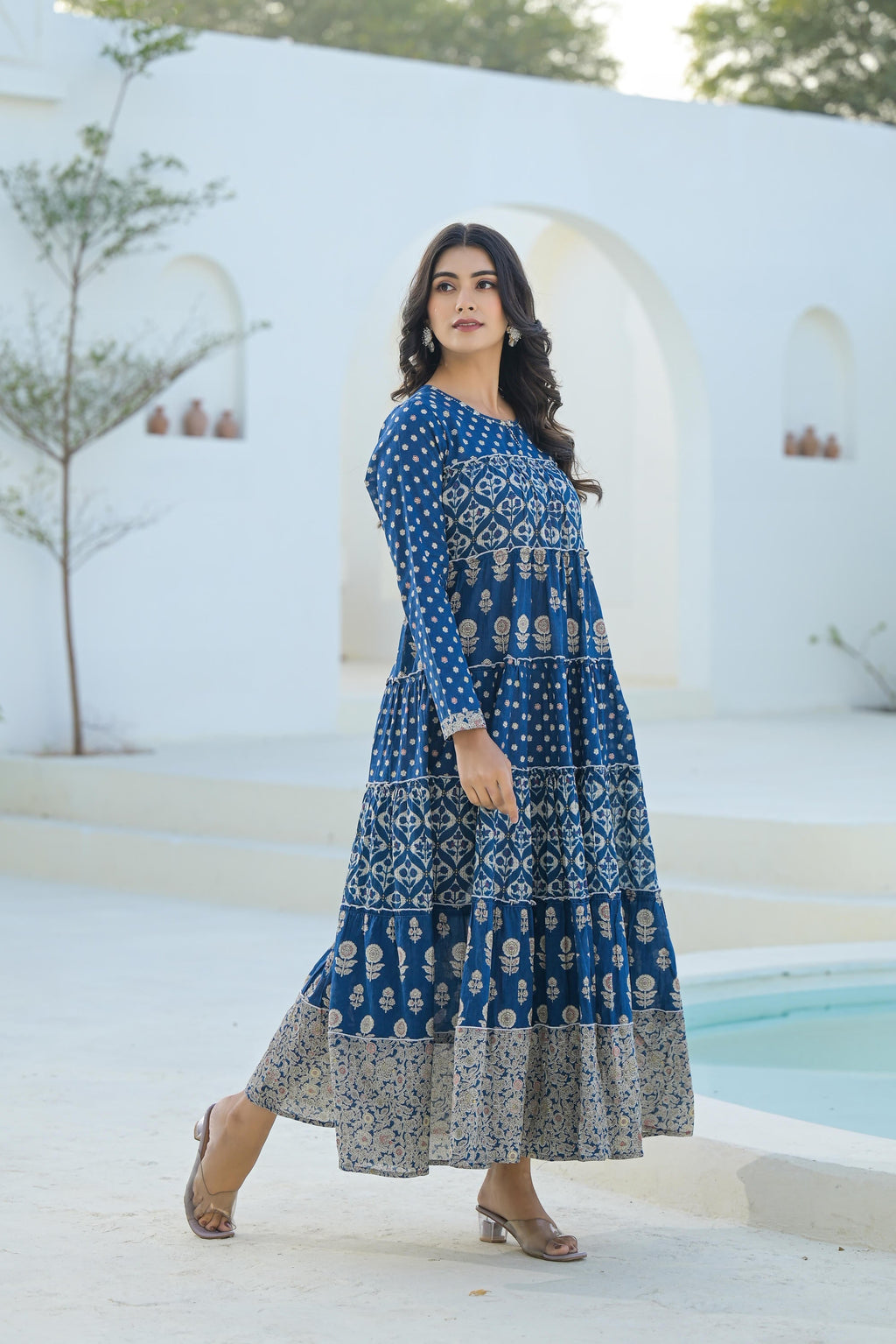 Juniper Indigo Ethnic Motif Printed Cotton Long Dress With Sequins & Thread Work