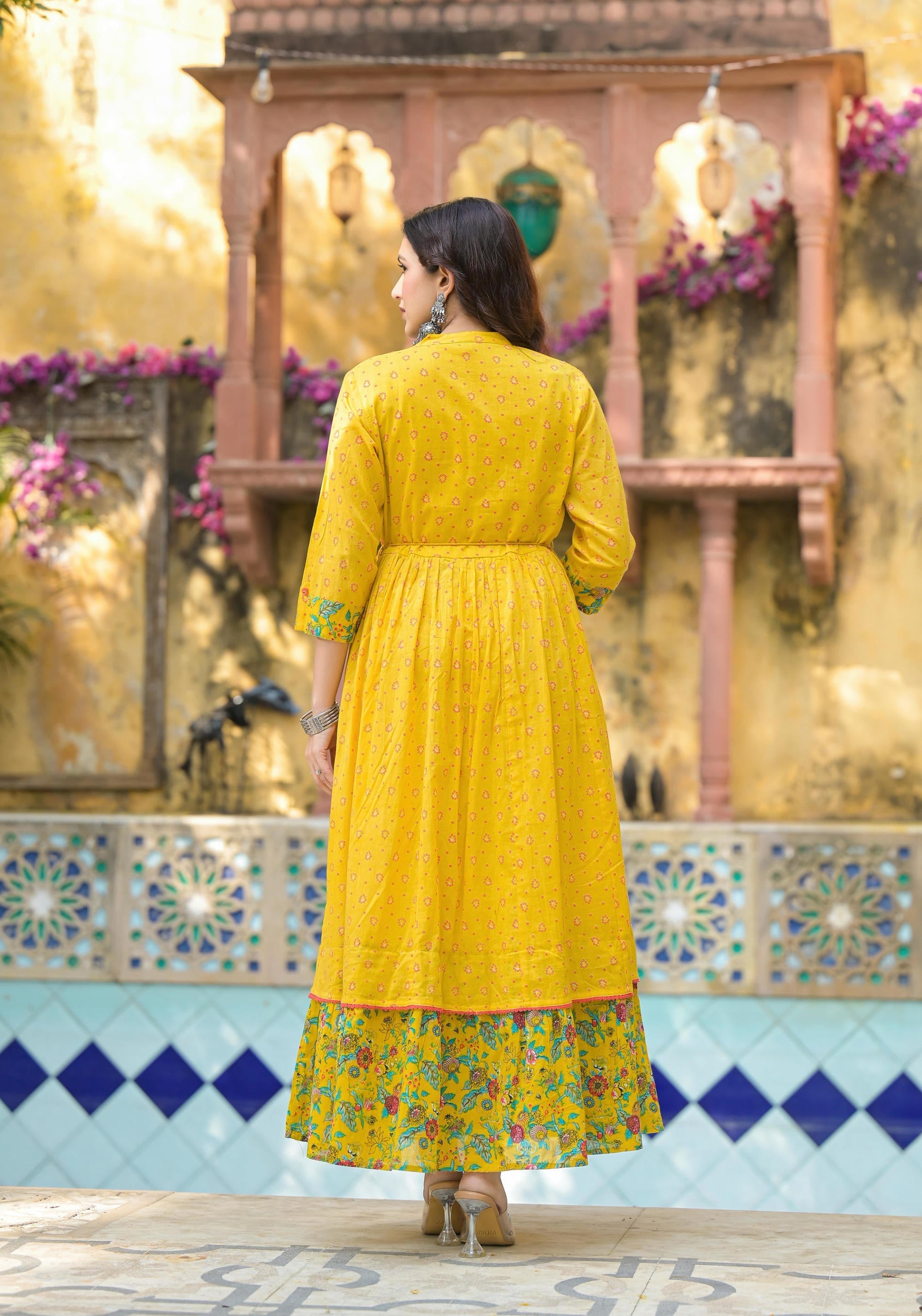 Juniper Mustard Floral Long Dress With Dupatta
