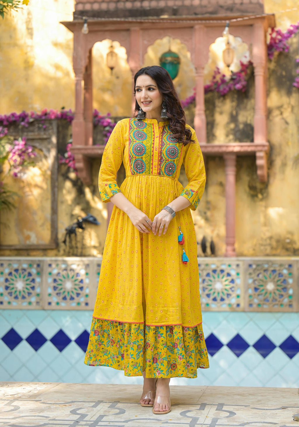 Juniper Mustard Floral Long Dress With Dupatta