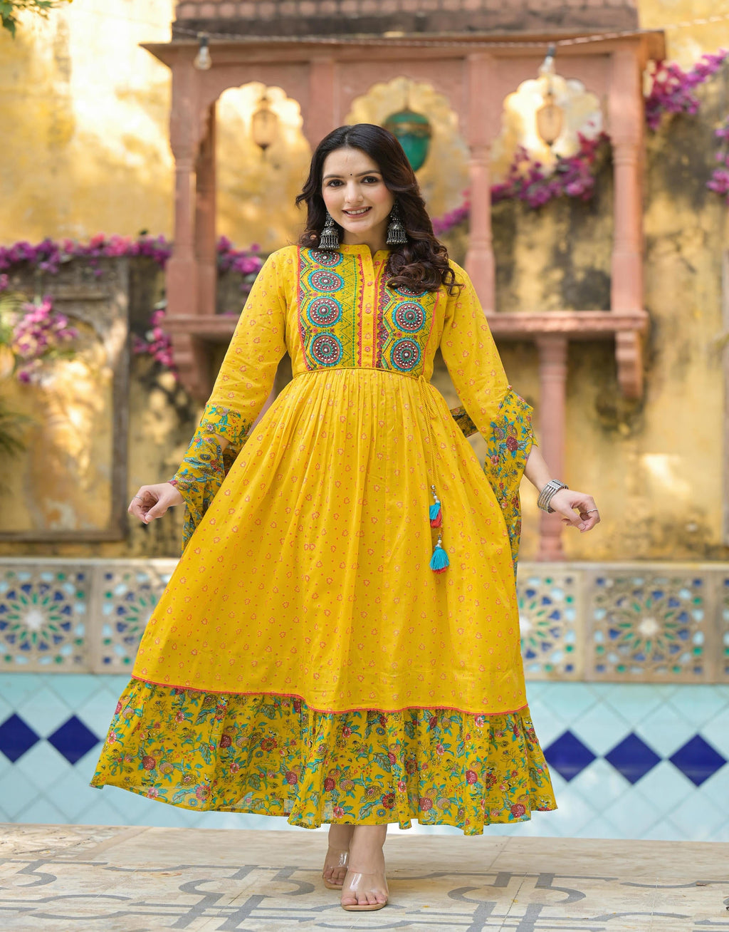 Juniper Mustard Floral Long Dress With Dupatta