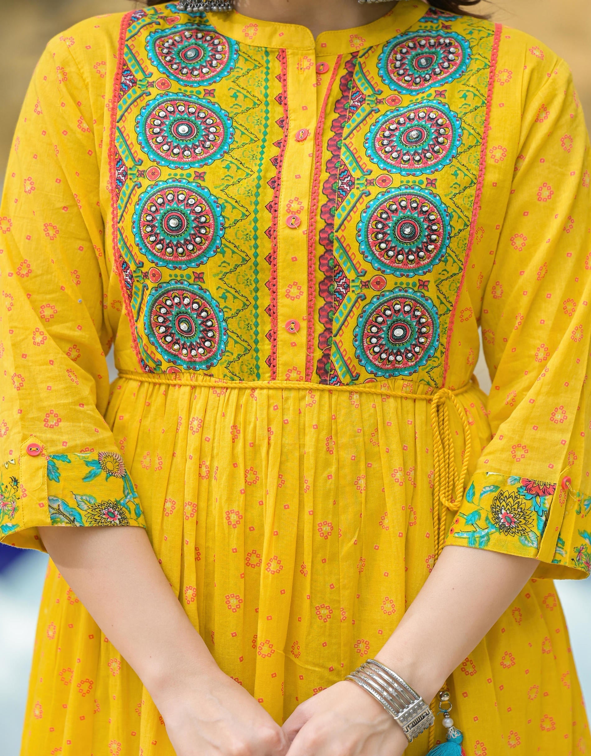 Juniper Mustard Floral Long Dress With Dupatta