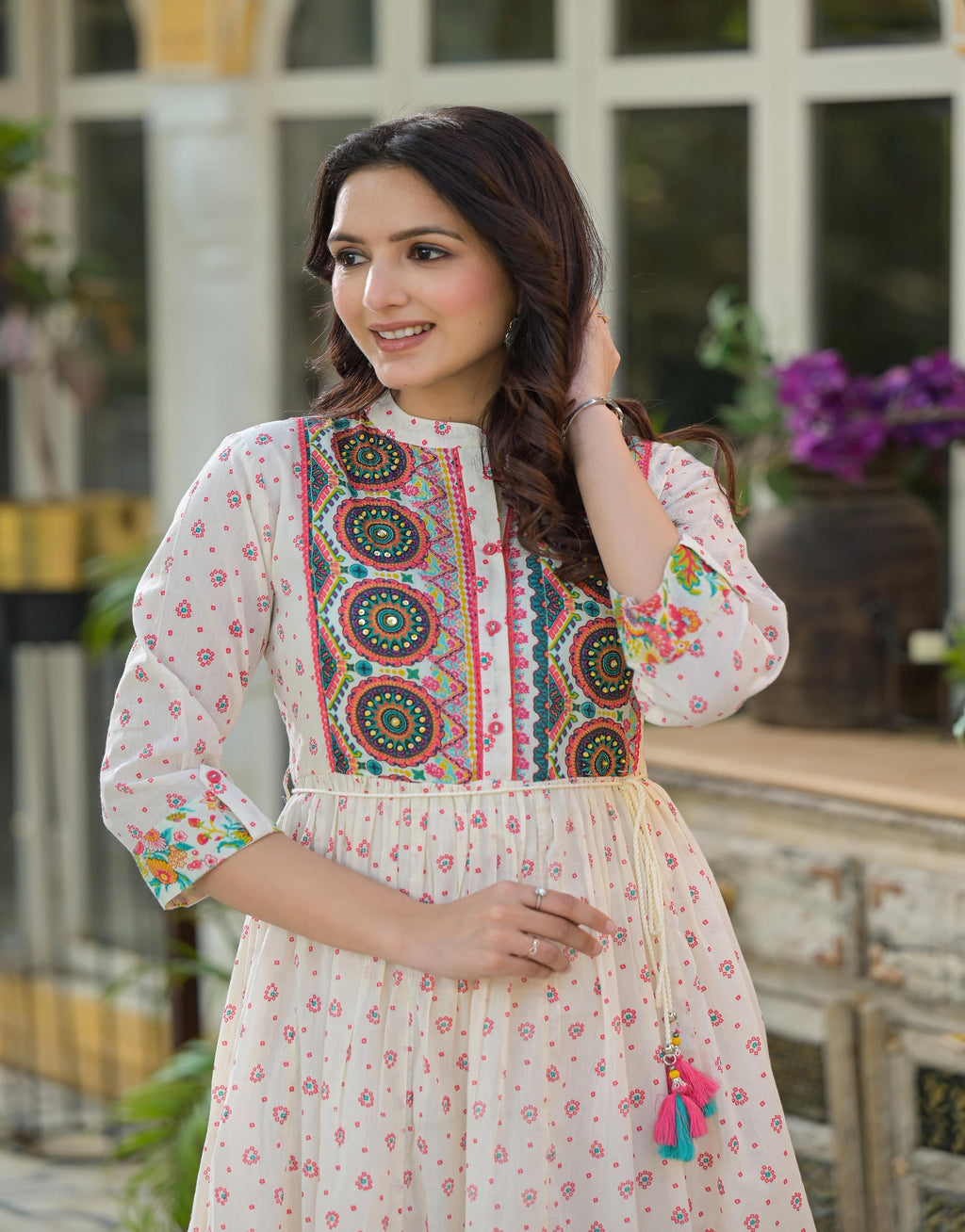 Juniper Off White Floral Long Dress With Dupatta