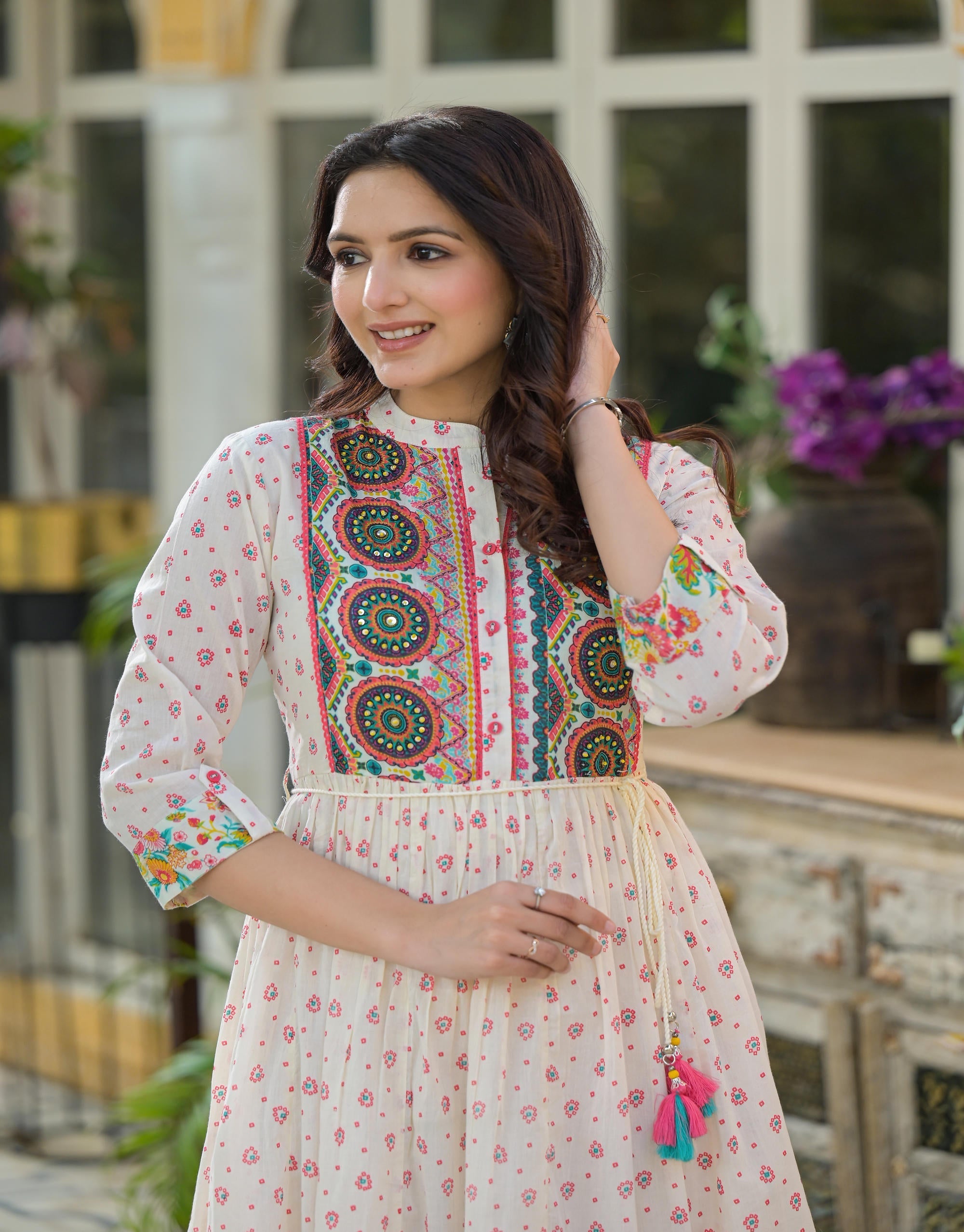 Juniper Off White Floral Long Dress With Dupatta