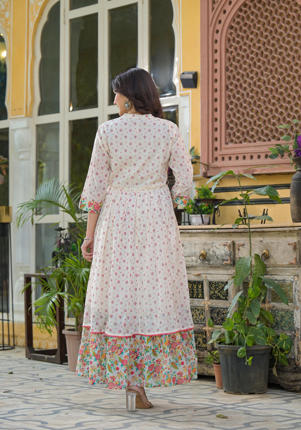 Juniper Off White Floral Long Dress With Dupatta