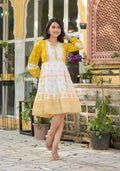 Juniper Mustard Ethnic Motif Printed Cotton Short Dress With Mirror Work & Lace