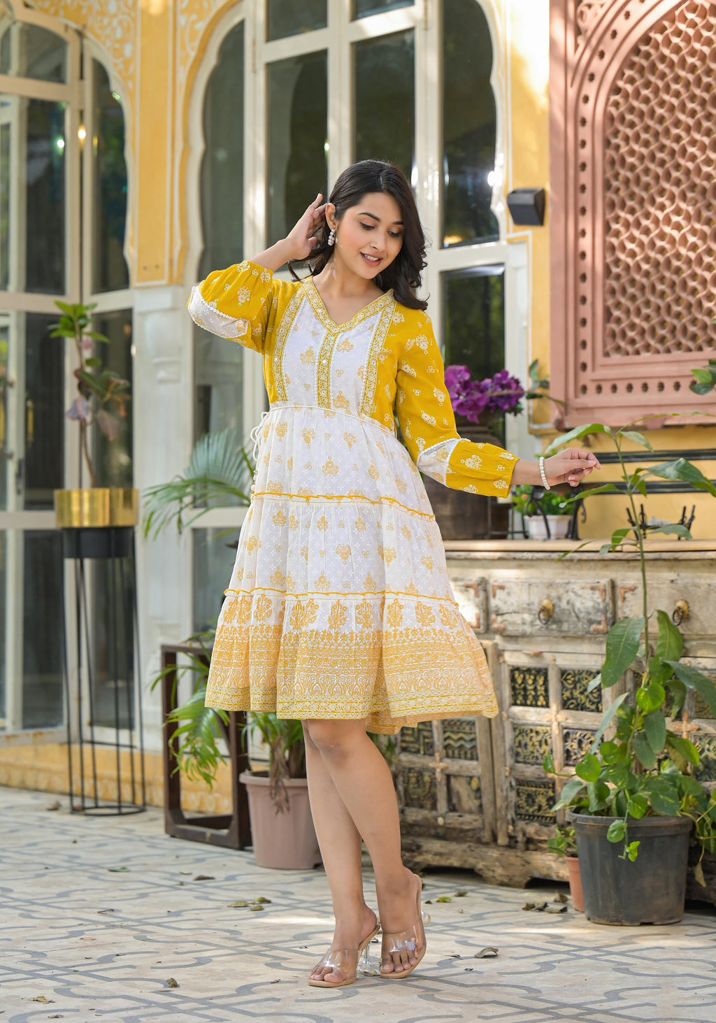 Juniper Mustard Ethnic Motif Printed Cotton Short Dress With Mirror Work & Lace