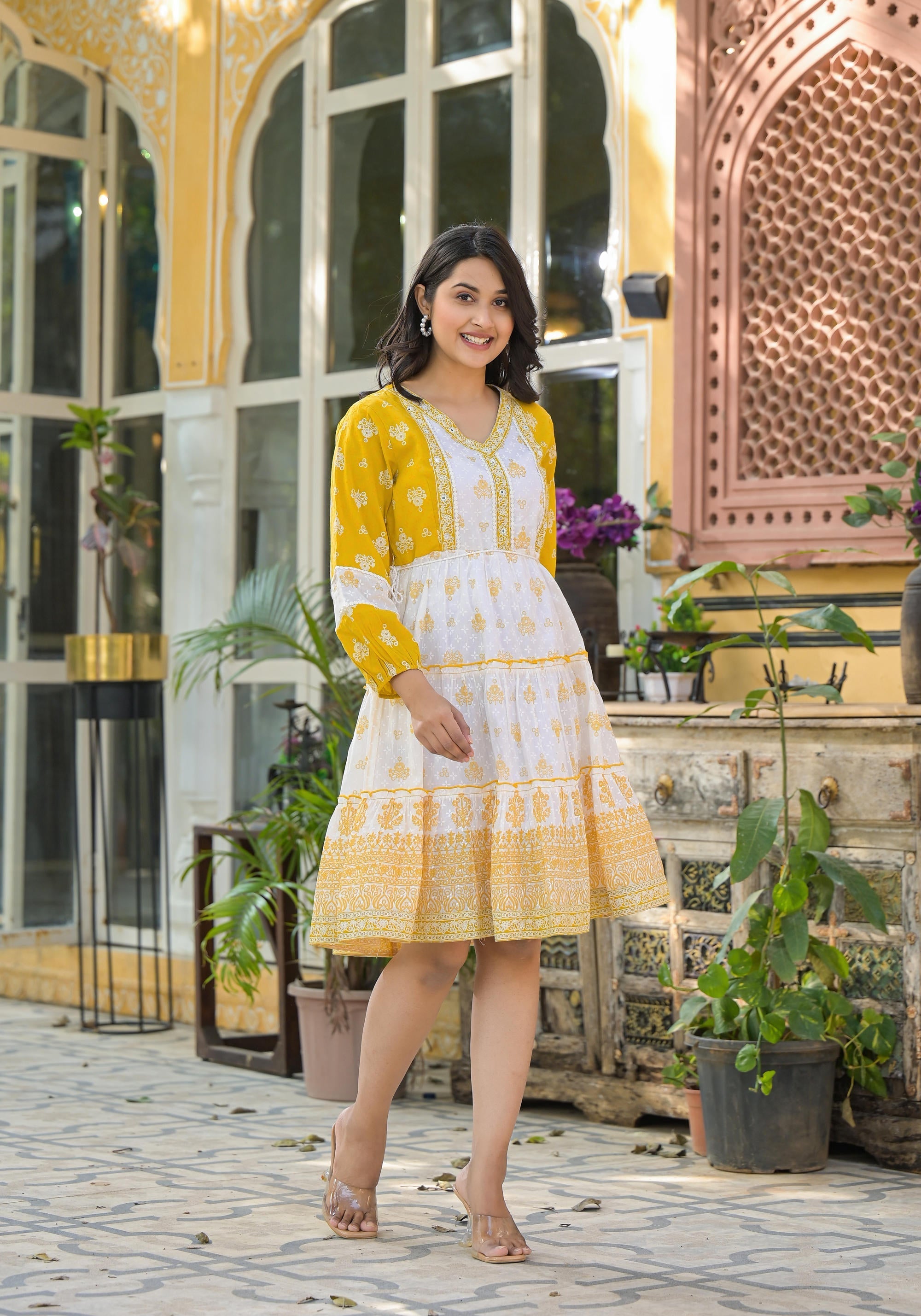 Juniper Mustard Ethnic Motif Printed Cotton Short Dress With Mirror Work & Lace
