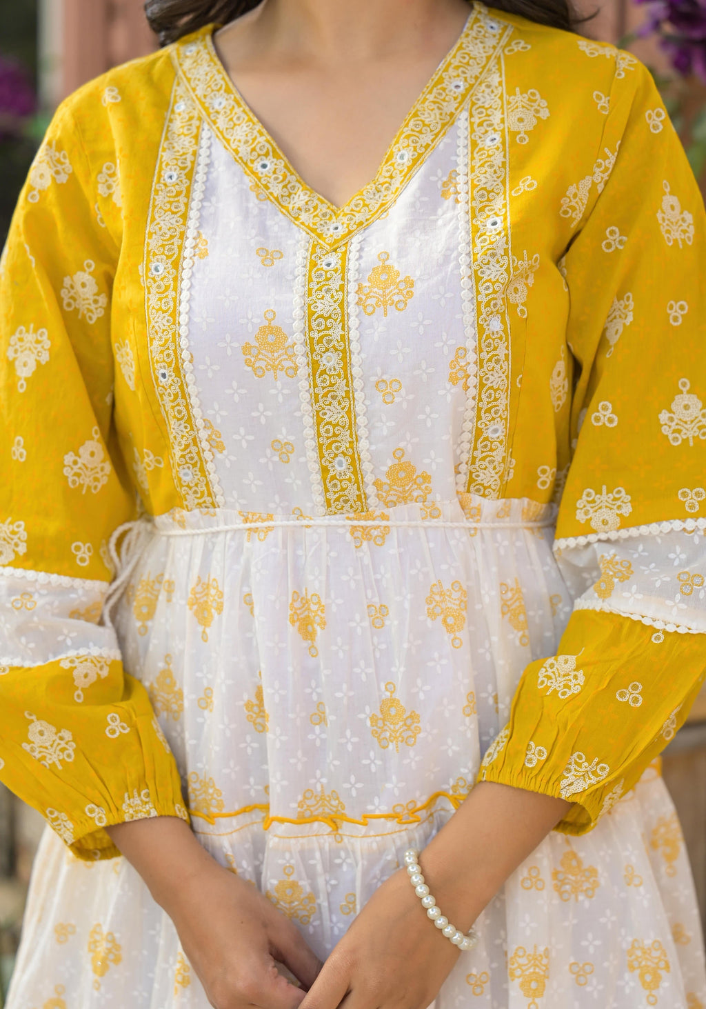 Juniper Mustard Ethnic Motif Printed Cotton Short Dress With Mirror Work & Lace