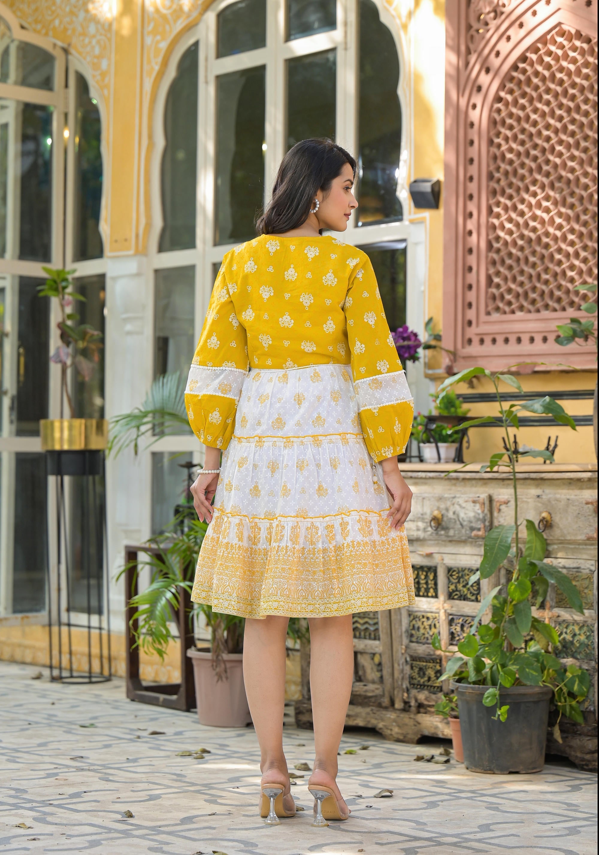 Juniper Mustard Ethnic Motif Printed Cotton Short Dress With Mirror Work & Lace