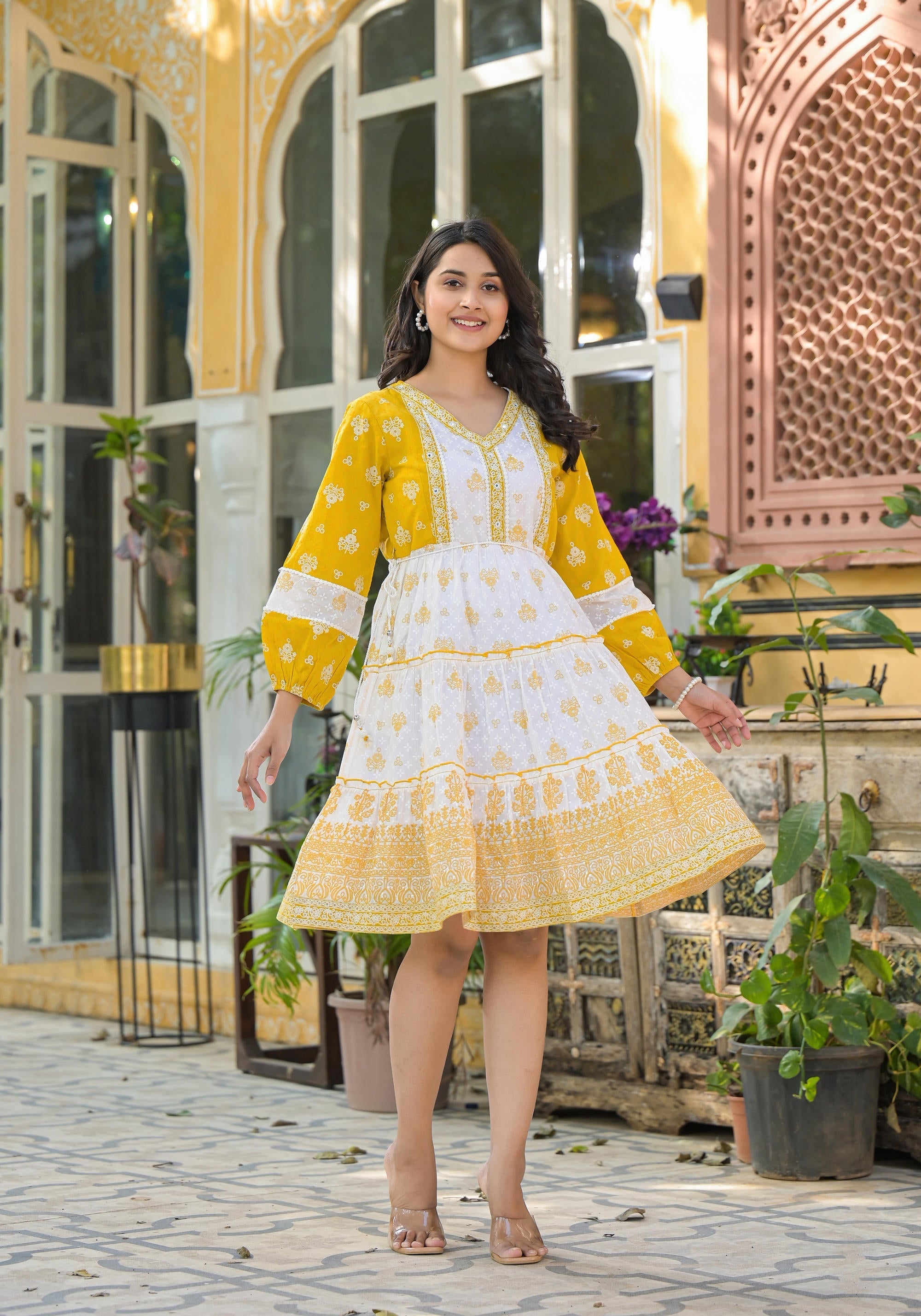 Juniper Mustard Ethnic Motif Printed Cotton Short Dress With Mirror Work & Lace