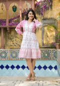 Juniper Onion Pink Ethnic Motif Printed Cotton Short Dress With Mirror Work & Lace