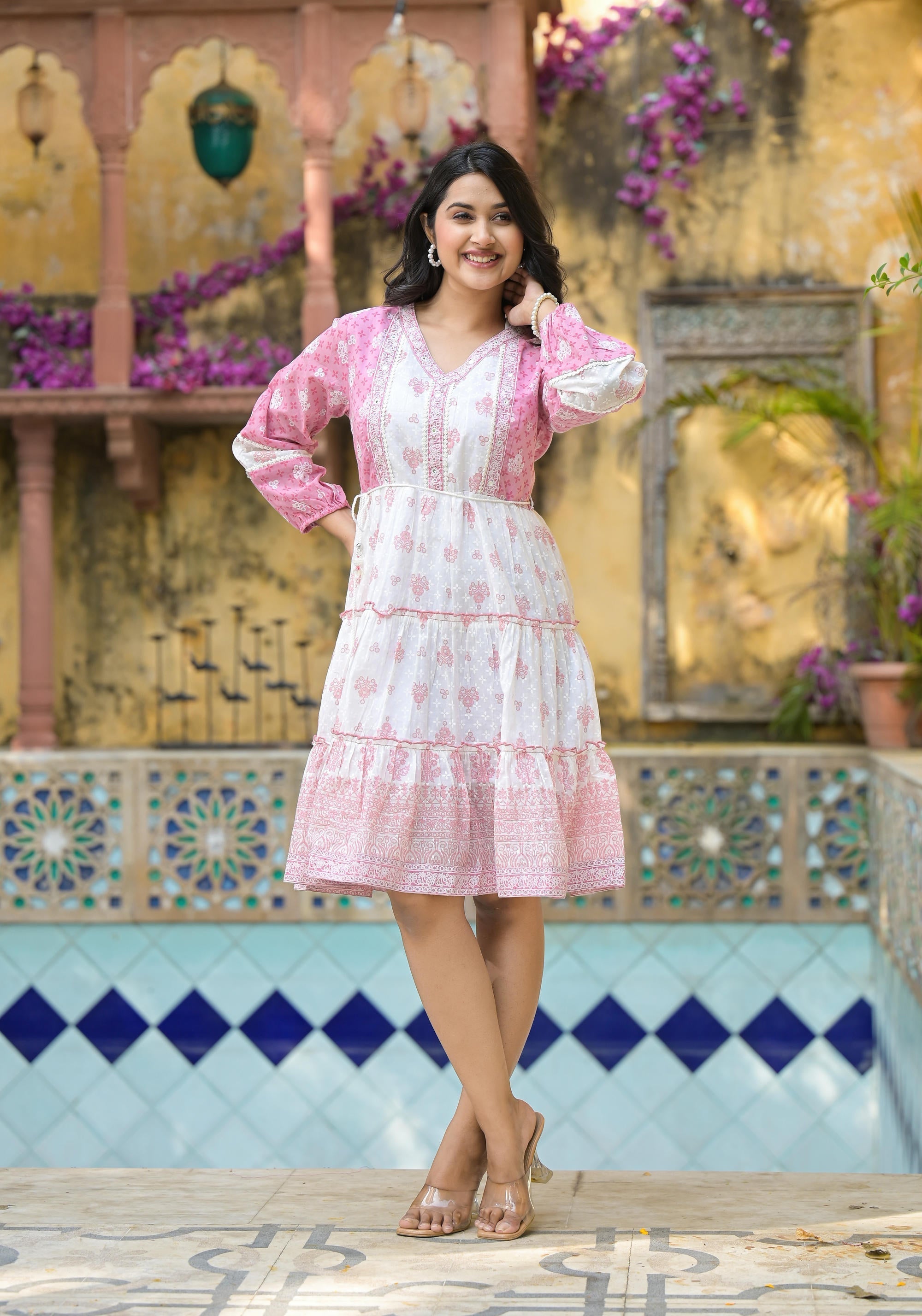 Juniper Onion Pink Ethnic Motif Printed Cotton Short Dress With Mirror Work & Lace