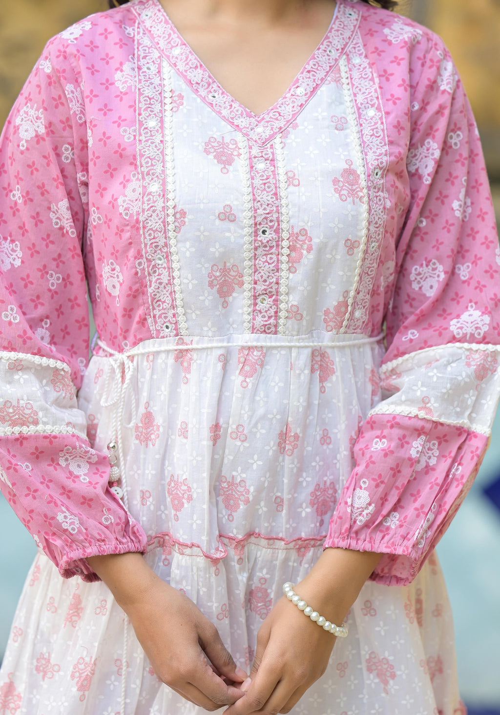 Juniper Onion Pink Ethnic Motif Printed Cotton Short Dress With Mirror Work & Lace