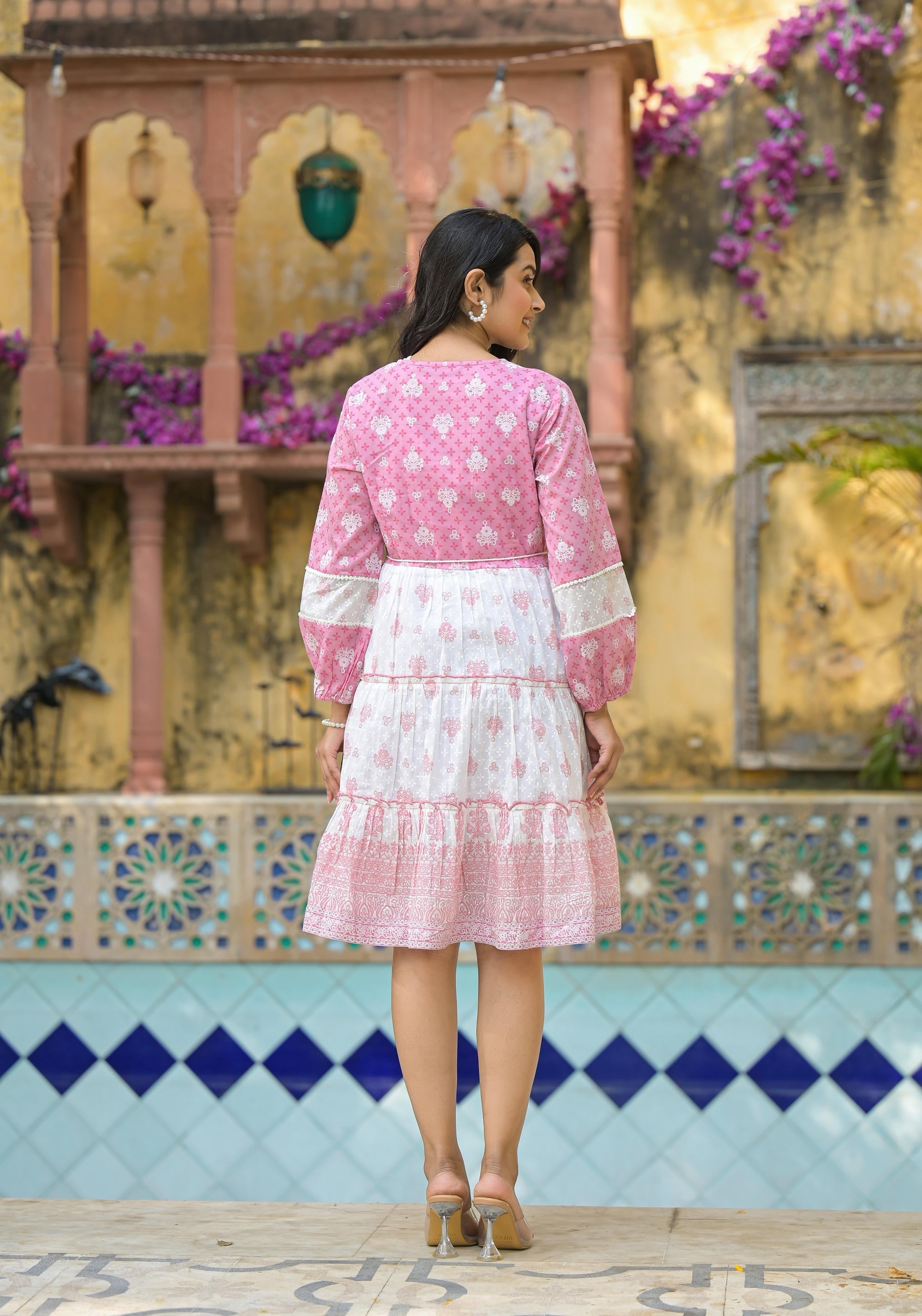 Juniper Onion Pink Ethnic Motif Printed Cotton Short Dress With Mirror Work & Lace