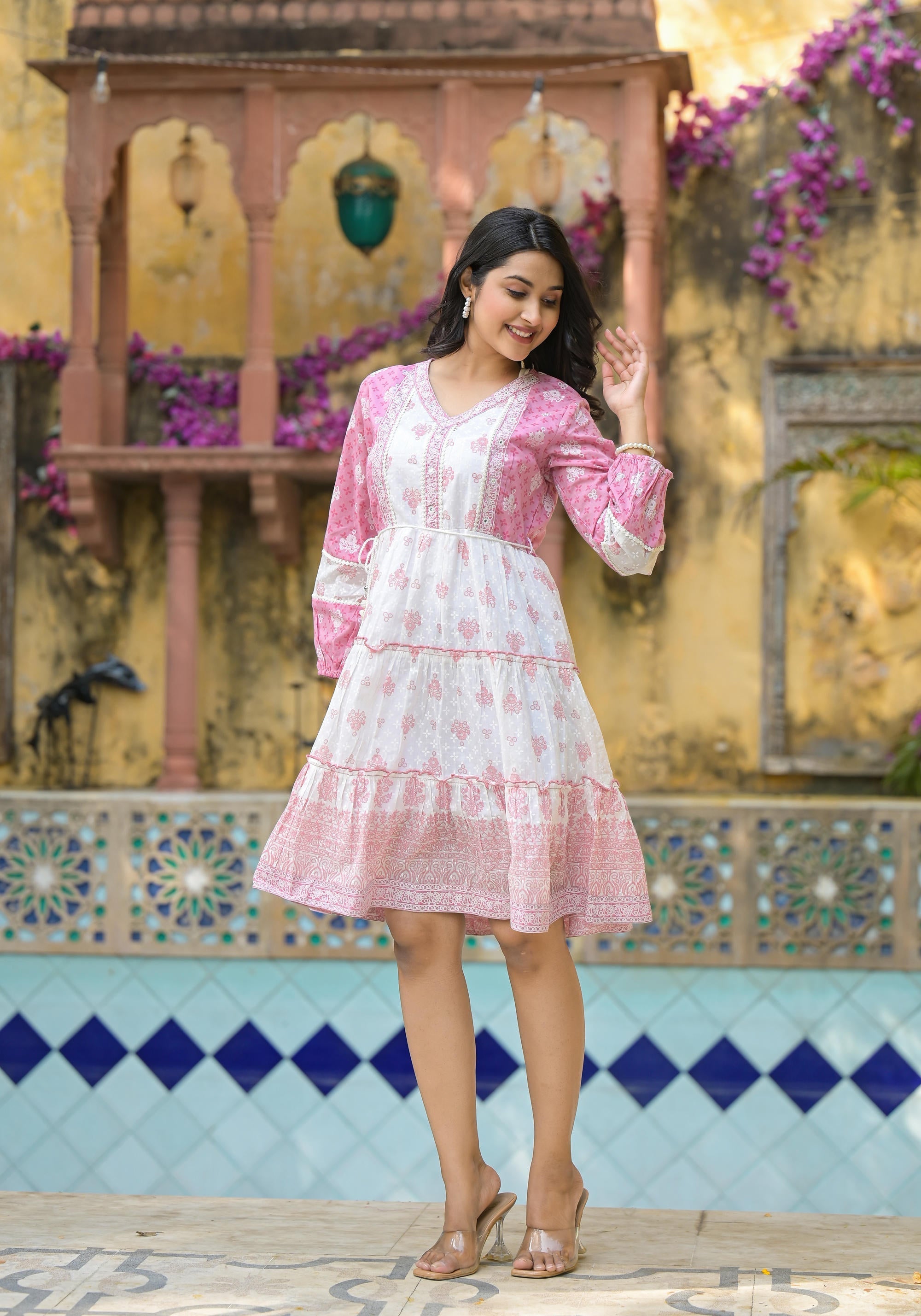 Juniper Onion Pink Ethnic Motif Printed Cotton Short Dress With Mirror Work & Lace