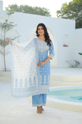 Juniper Sky Blue Embroidered Cotton Suit Set With Dupatta