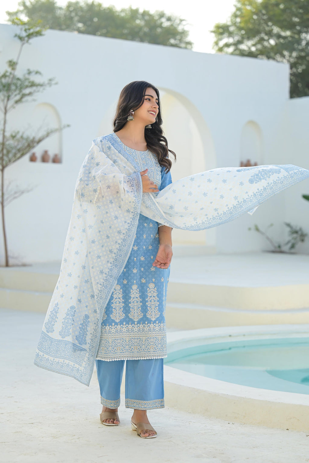 Juniper Sky Blue Embroidered Cotton Suit Set With Dupatta