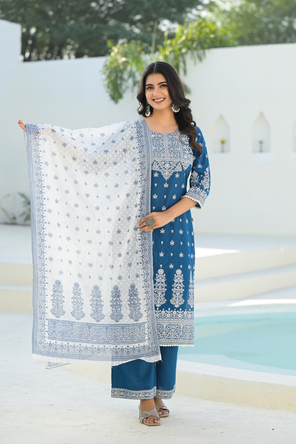 Juniper Indigo Embroidered Cotton Suit Set With Dupatta