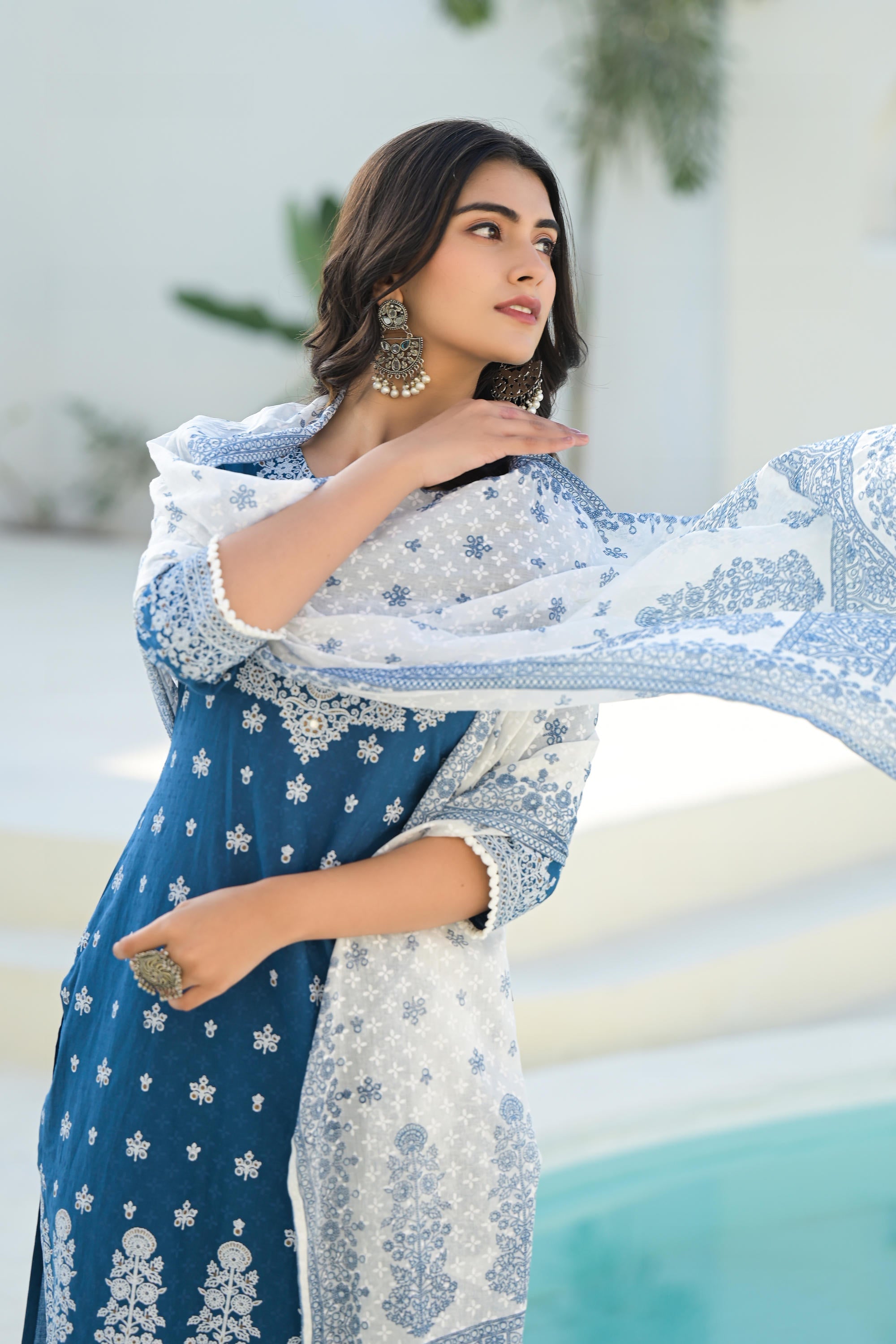 Juniper Indigo Embroidered Cotton Suit Set With Dupatta