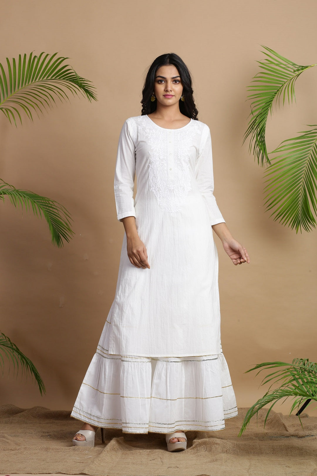 Juniper White Cotton Embroidered A-Line Straight Kurta