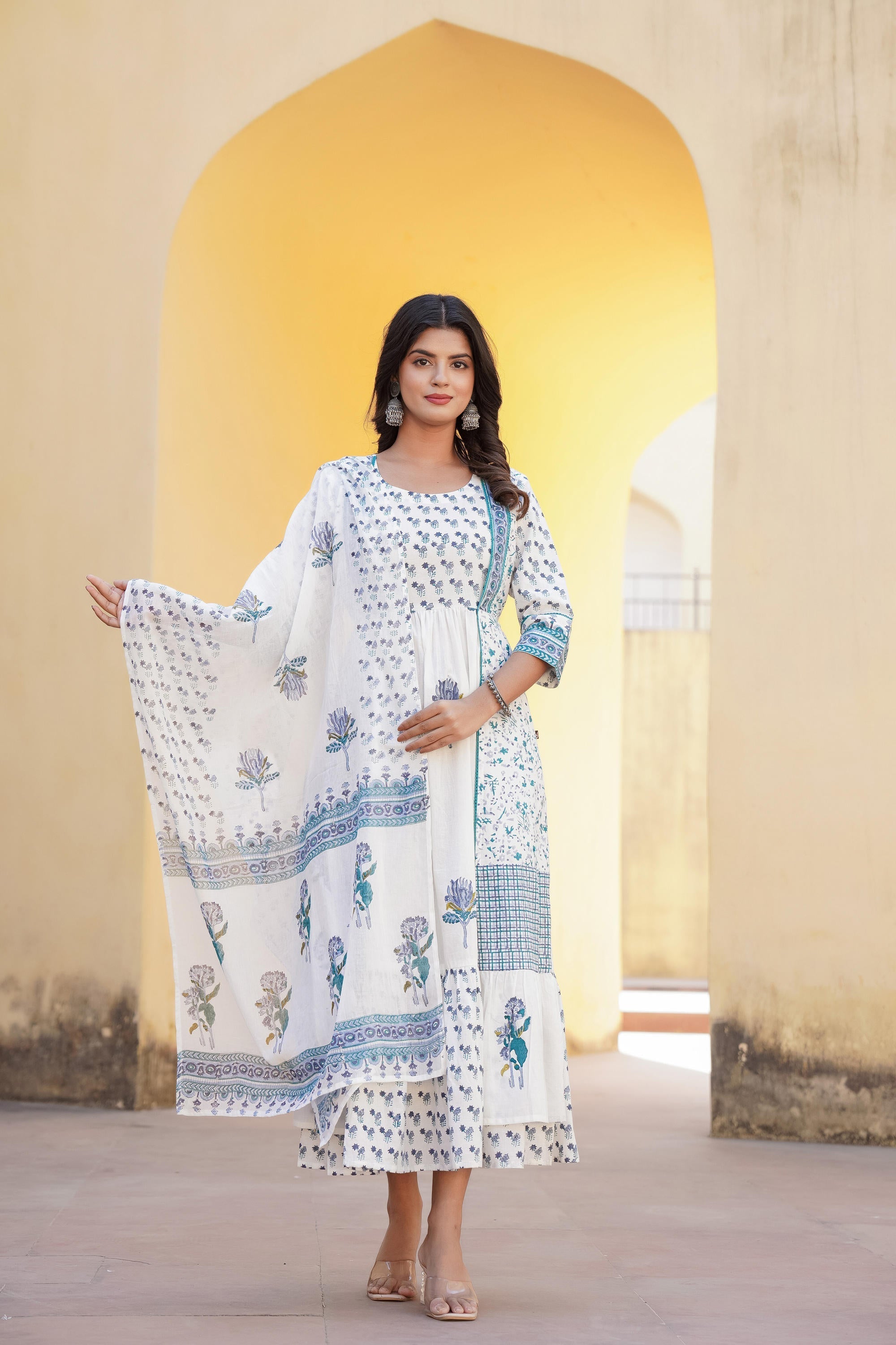 Juniper White Floral Printed Cotton Kurta Pant And Dupatta Set With Sequins & Beads