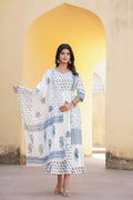 Juniper White Floral Printed Cotton Dress & Dupatta With Lace