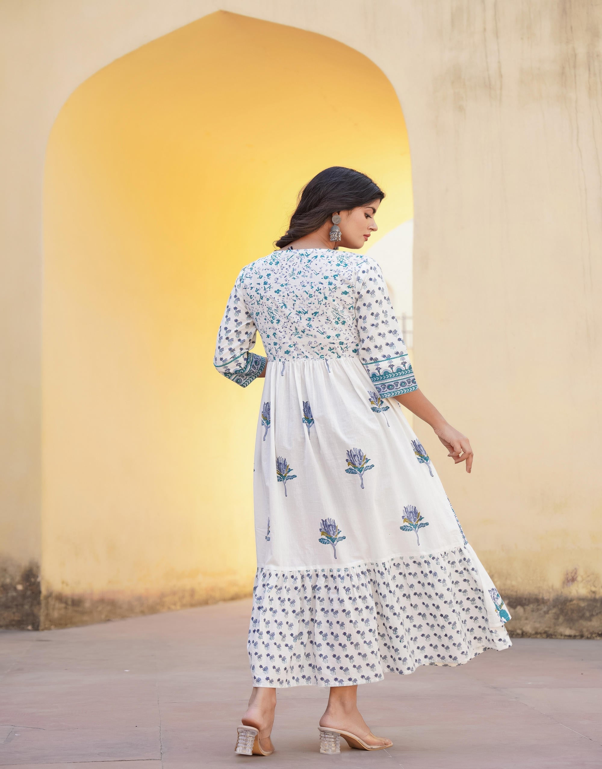 Juniper White Floral Printed Cotton Kurta & Dupatta With Lace