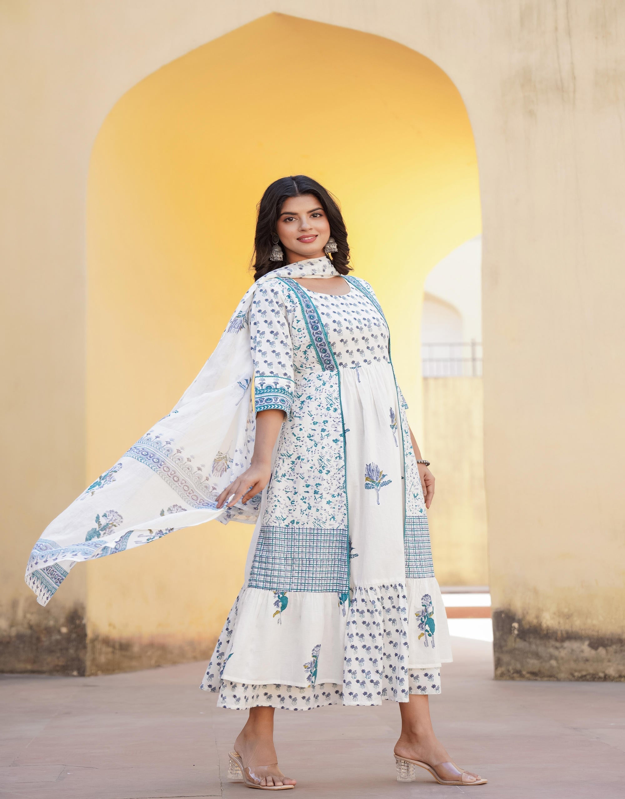Juniper White Floral Printed Cotton Dress & Dupatta With Lace