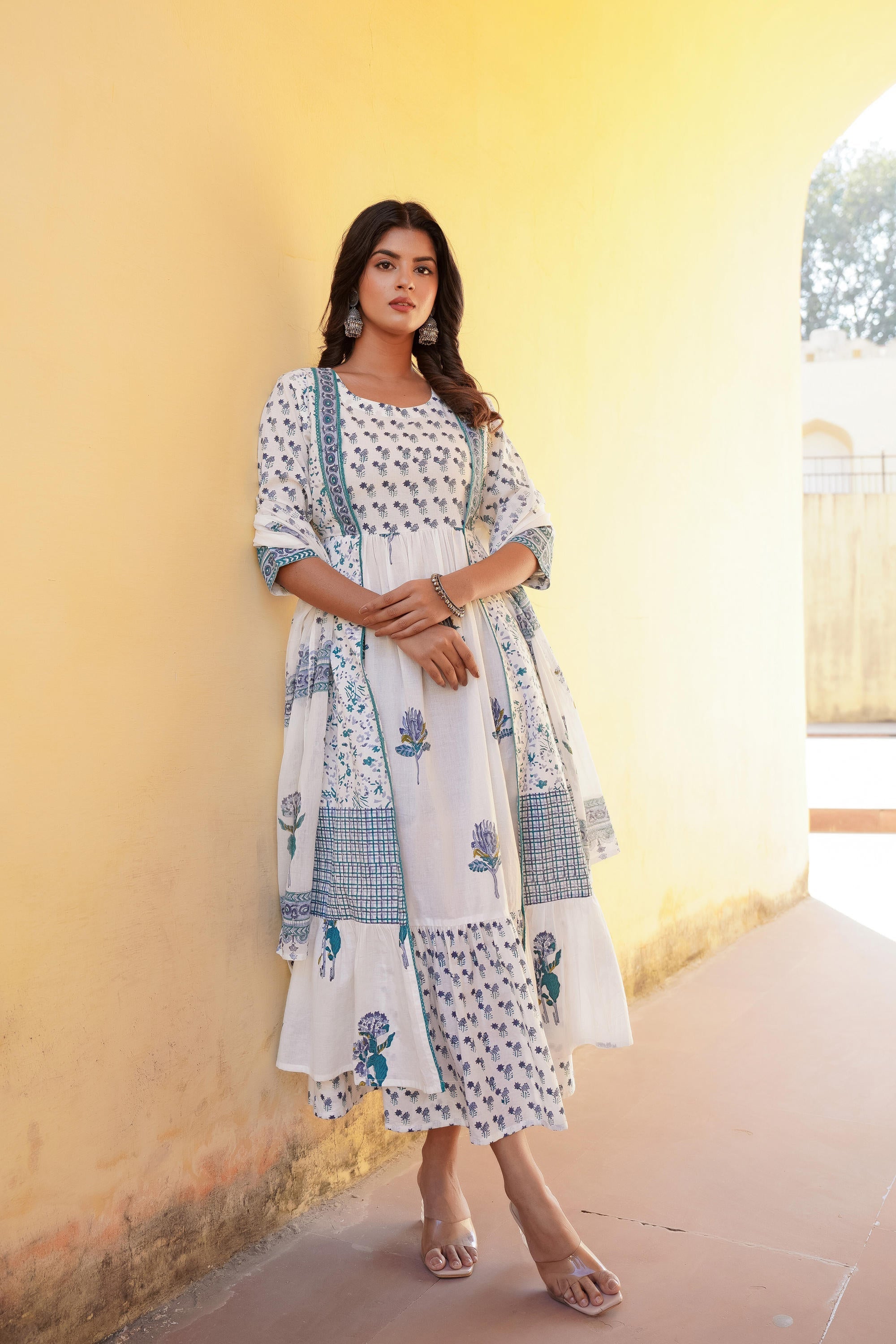 Juniper White Floral Printed Cotton Kurta & Dupatta With Lace