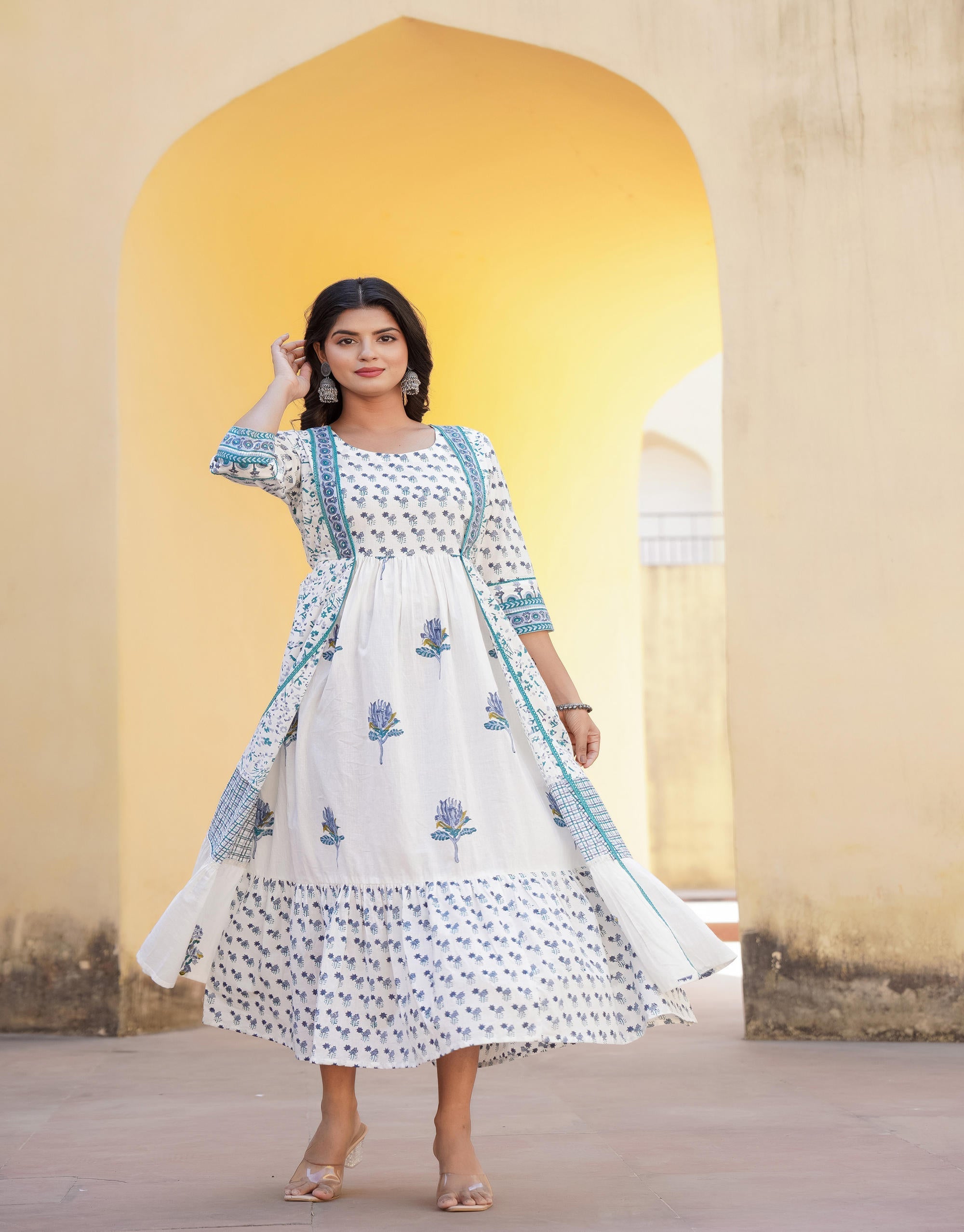 Juniper White Floral Printed Cotton Kurta & Dupatta With Lace