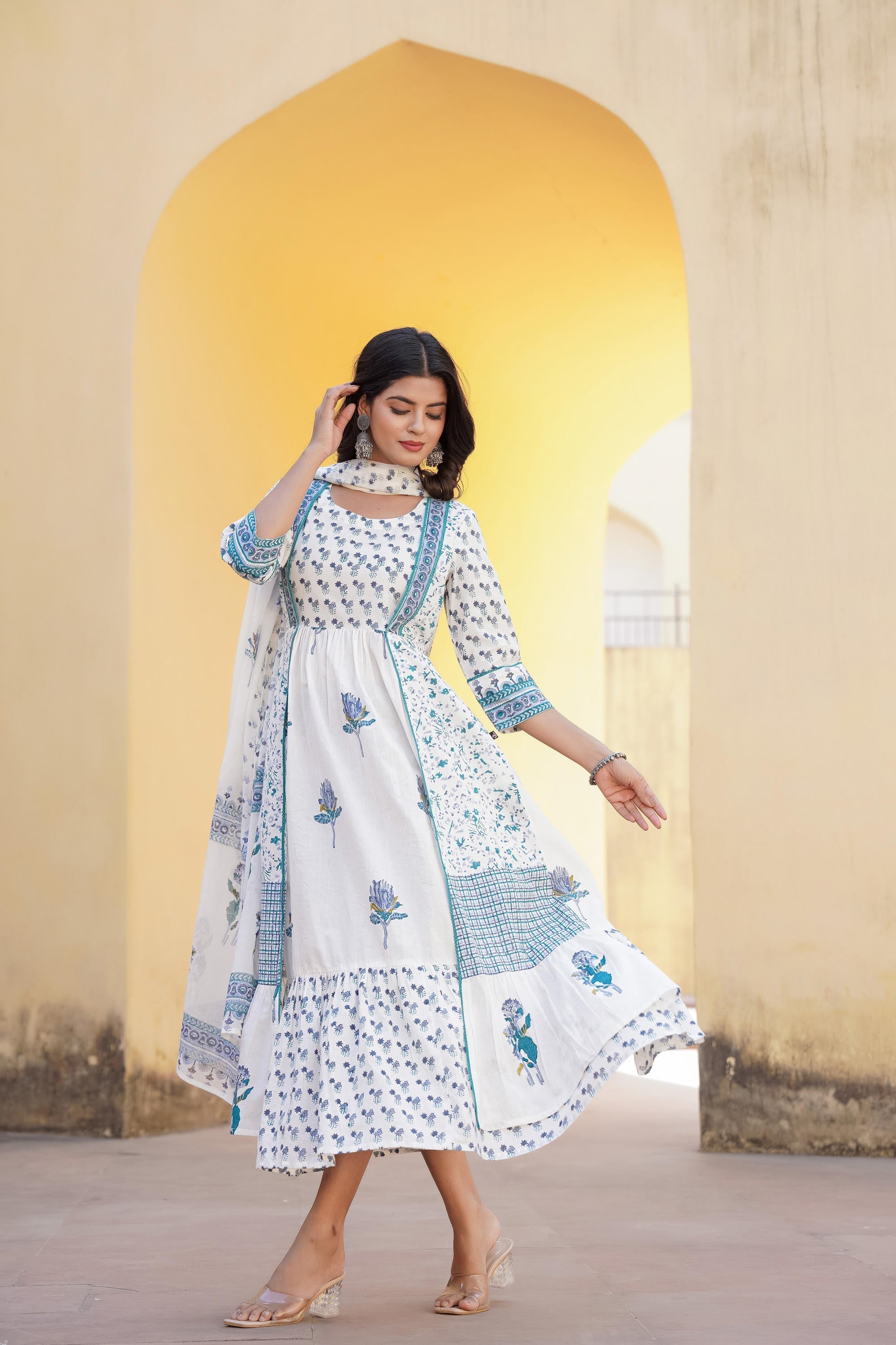 Juniper White Floral Printed Cotton Kurta & Dupatta With Lace