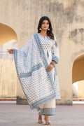 Juniper White Floral Printed Cotton Kurta Pant And Dupatta Set With Sequins & Beads