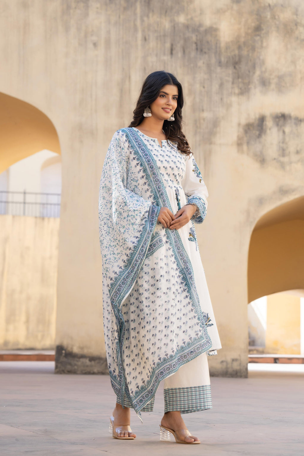 Juniper White Floral Printed Cotton Kurta Pant And Dupatta Set With Sequins & Beads