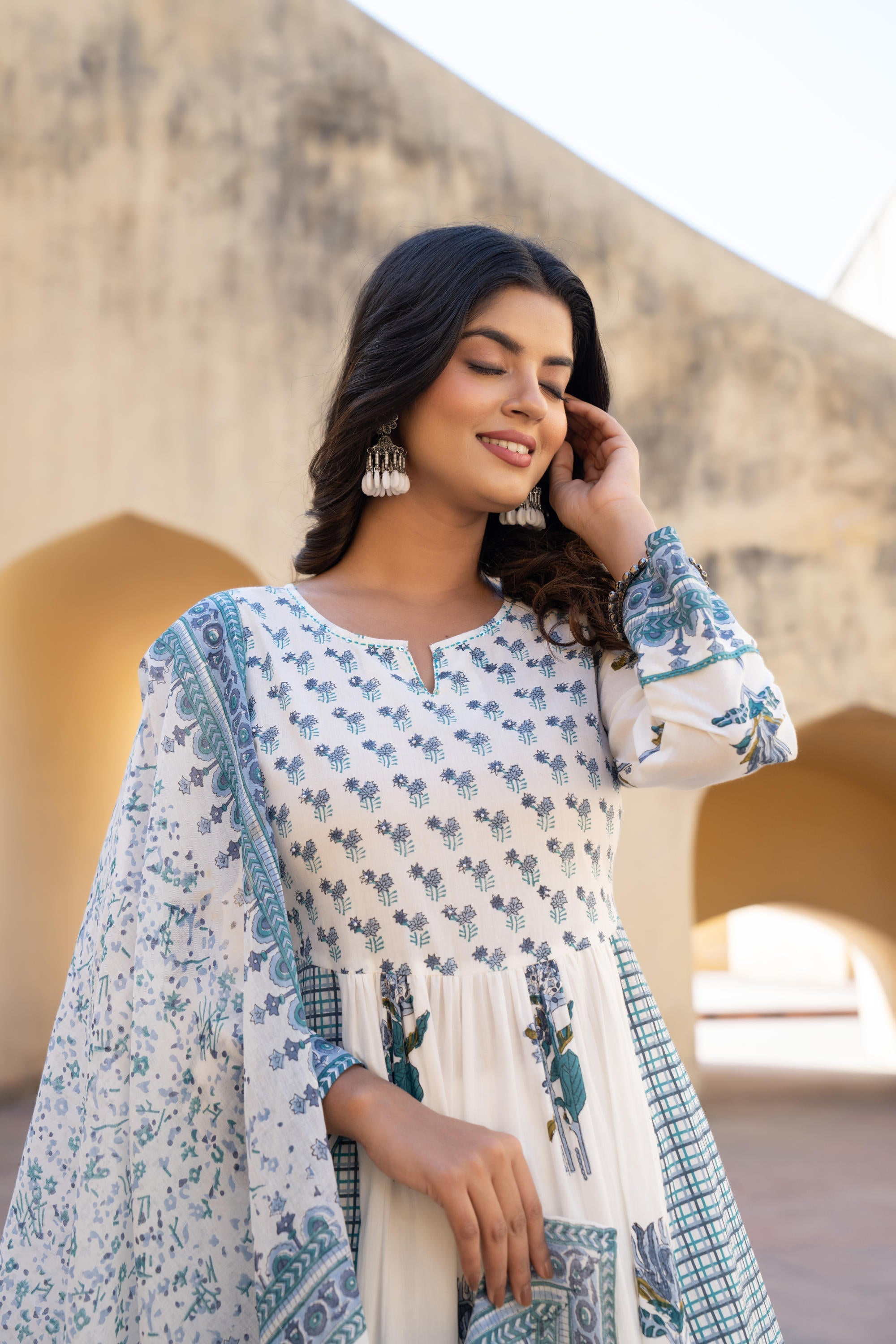 Juniper White Floral Printed Cotton Kurta Pant And Dupatta Set With Sequins & Beads