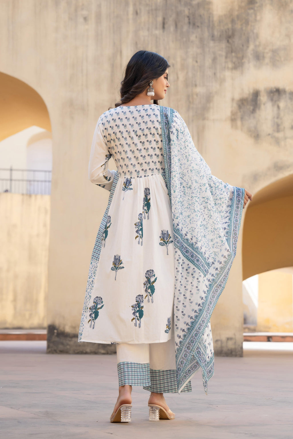 Juniper White Floral Printed Cotton Kurta Pant And Dupatta Set With Sequins & Beads