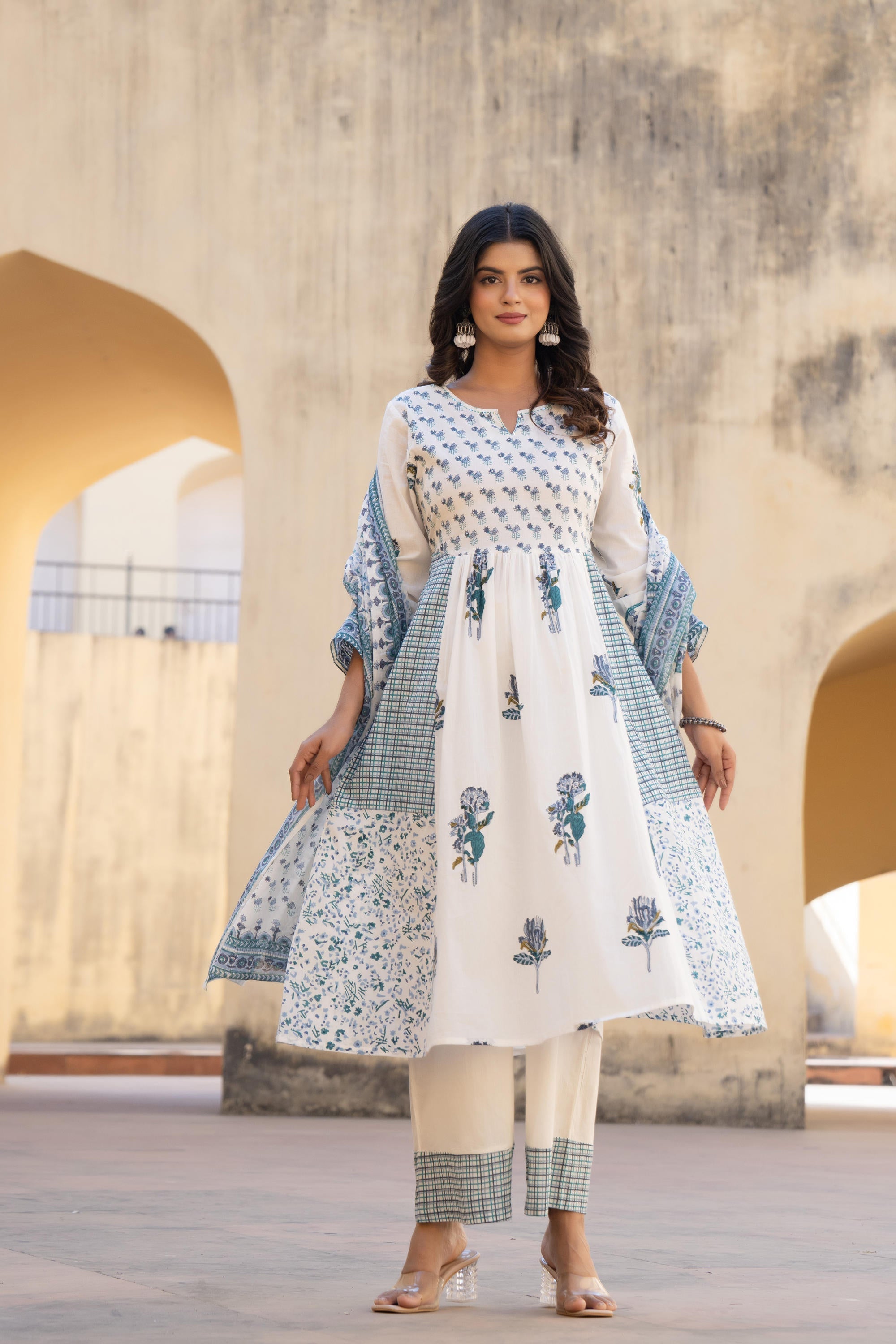 Juniper White Floral Printed Cotton Kurta Pant And Dupatta Set With Sequins & Beads