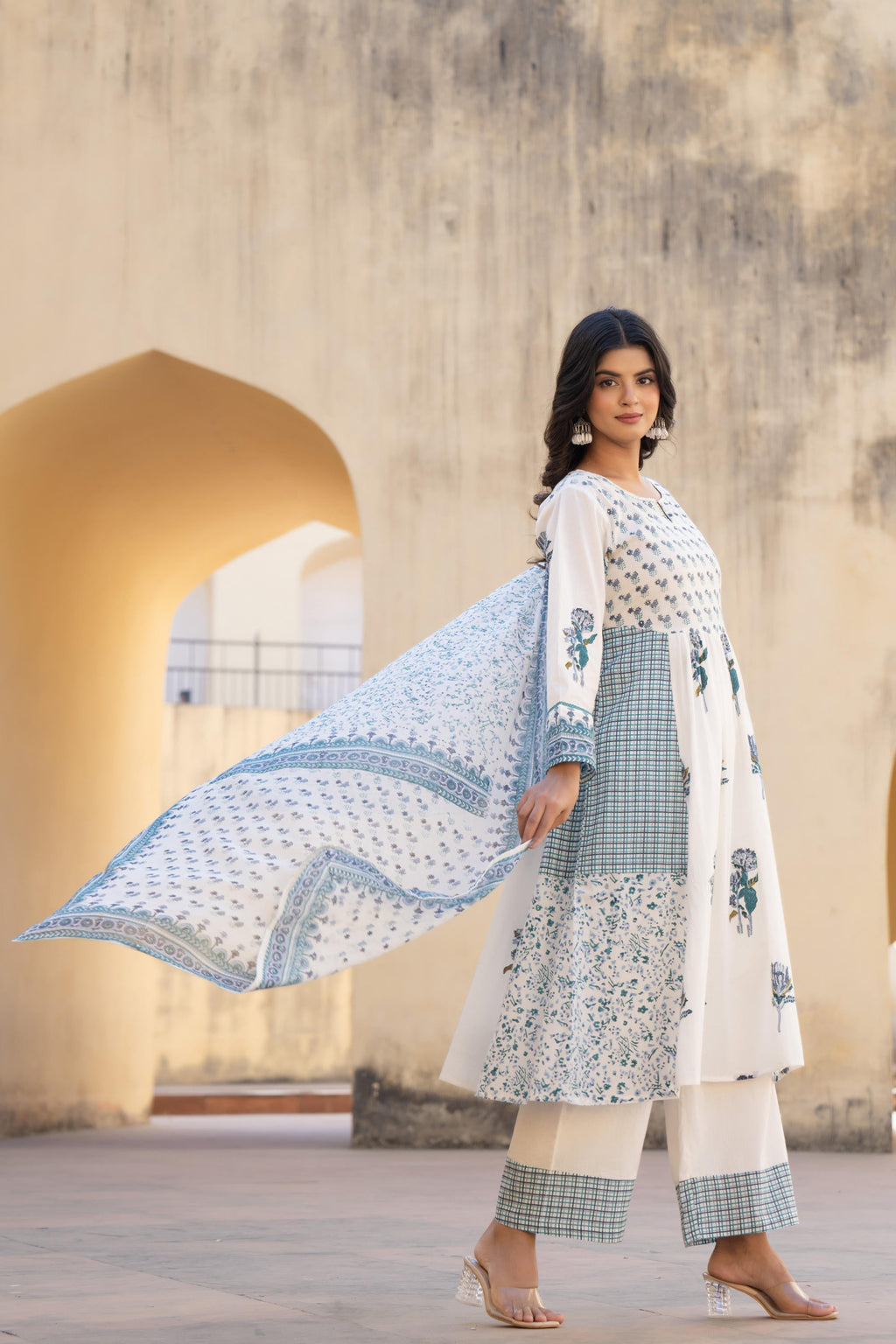 Juniper White Floral Printed Cotton Kurta Pant And Dupatta Set With Sequins & Beads