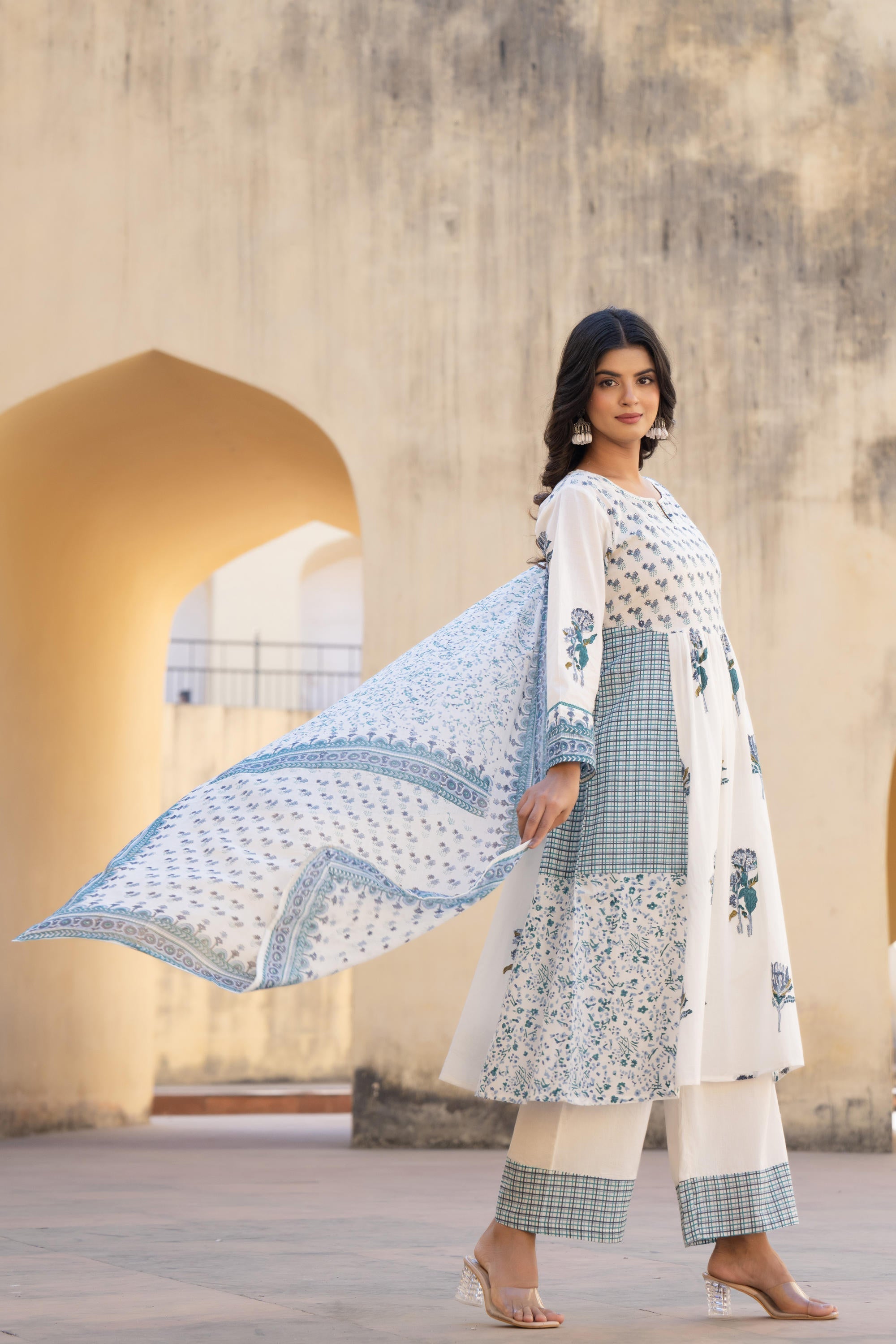 Juniper White Floral Printed Cotton Kurta Pant And Dupatta Set With Sequins & Beads