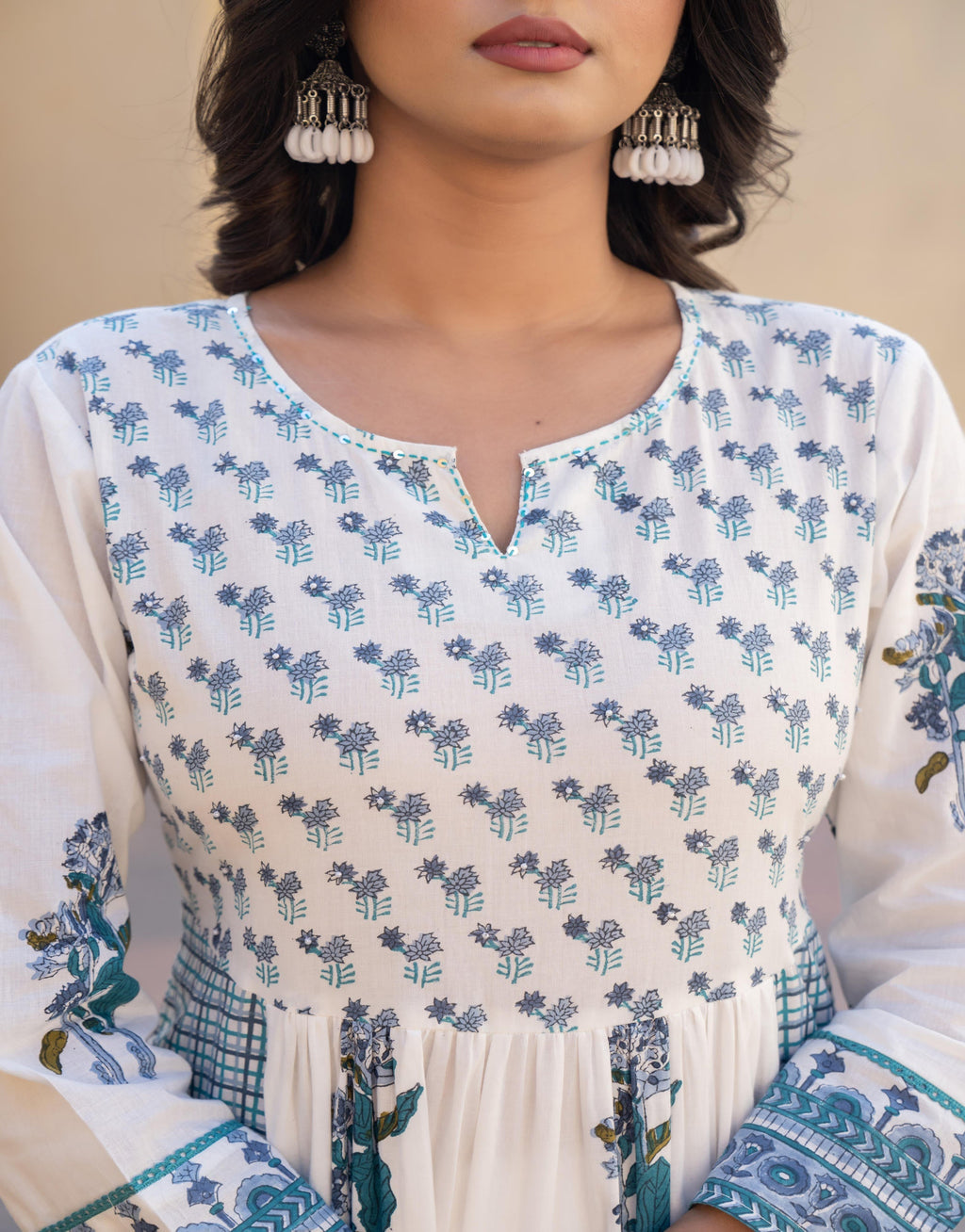 Juniper White Floral Printed Cotton Kurta Pant And Dupatta Set With Sequins & Beads