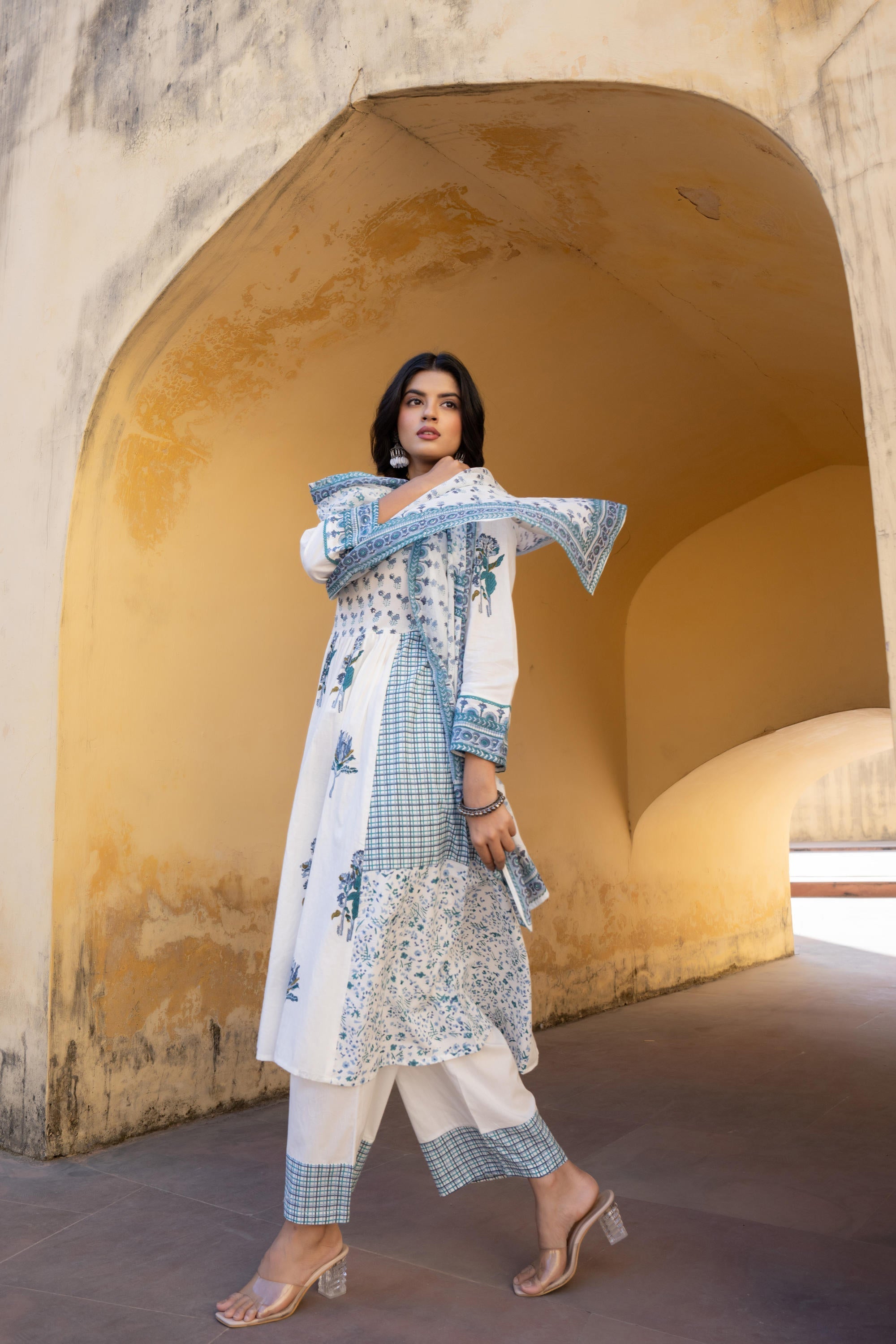 Juniper White Floral Printed Cotton Kurta Pant And Dupatta Set With Sequins & Beads