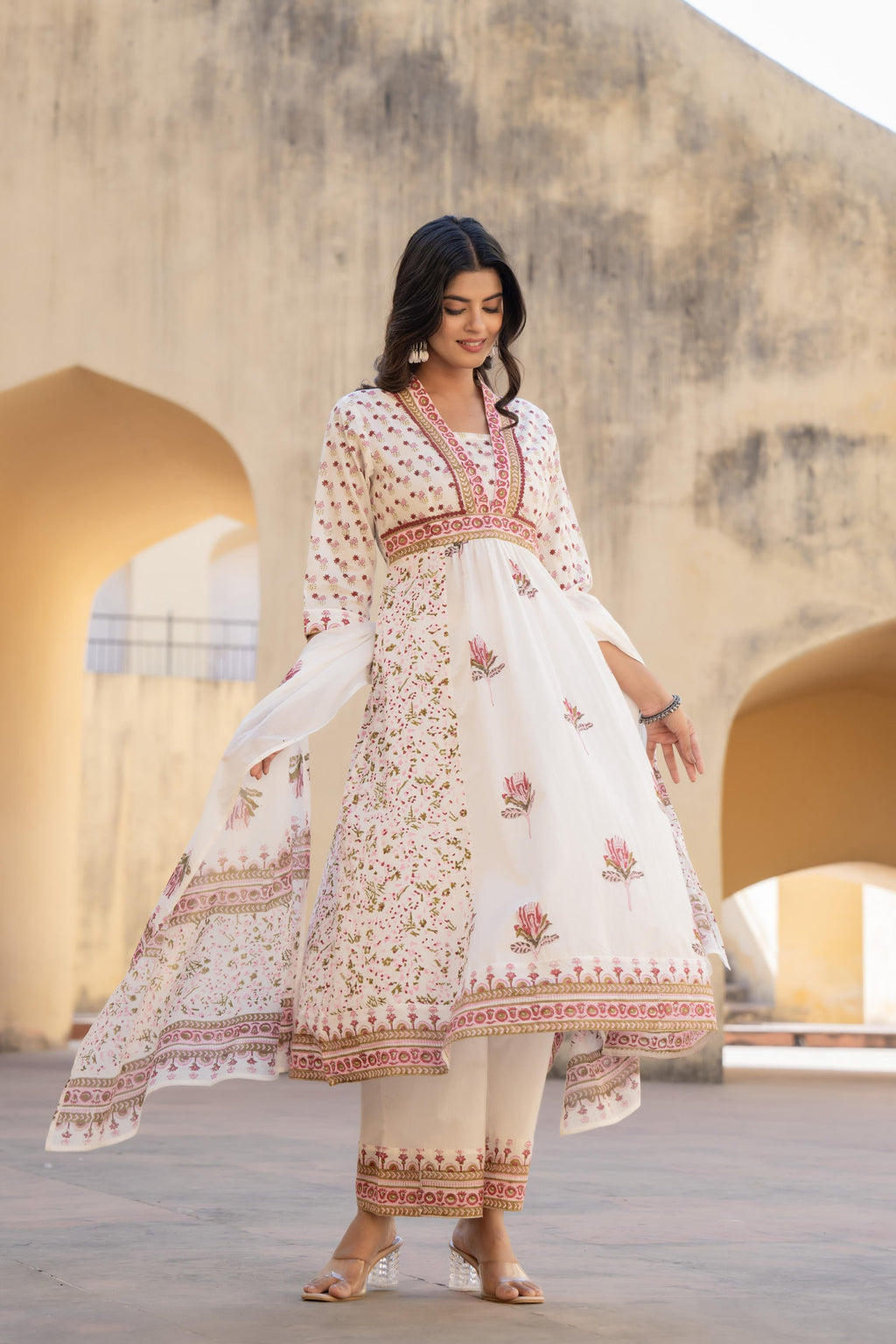 Juniper Gulab Pink Baagh Anarkali Cotton Suit Set