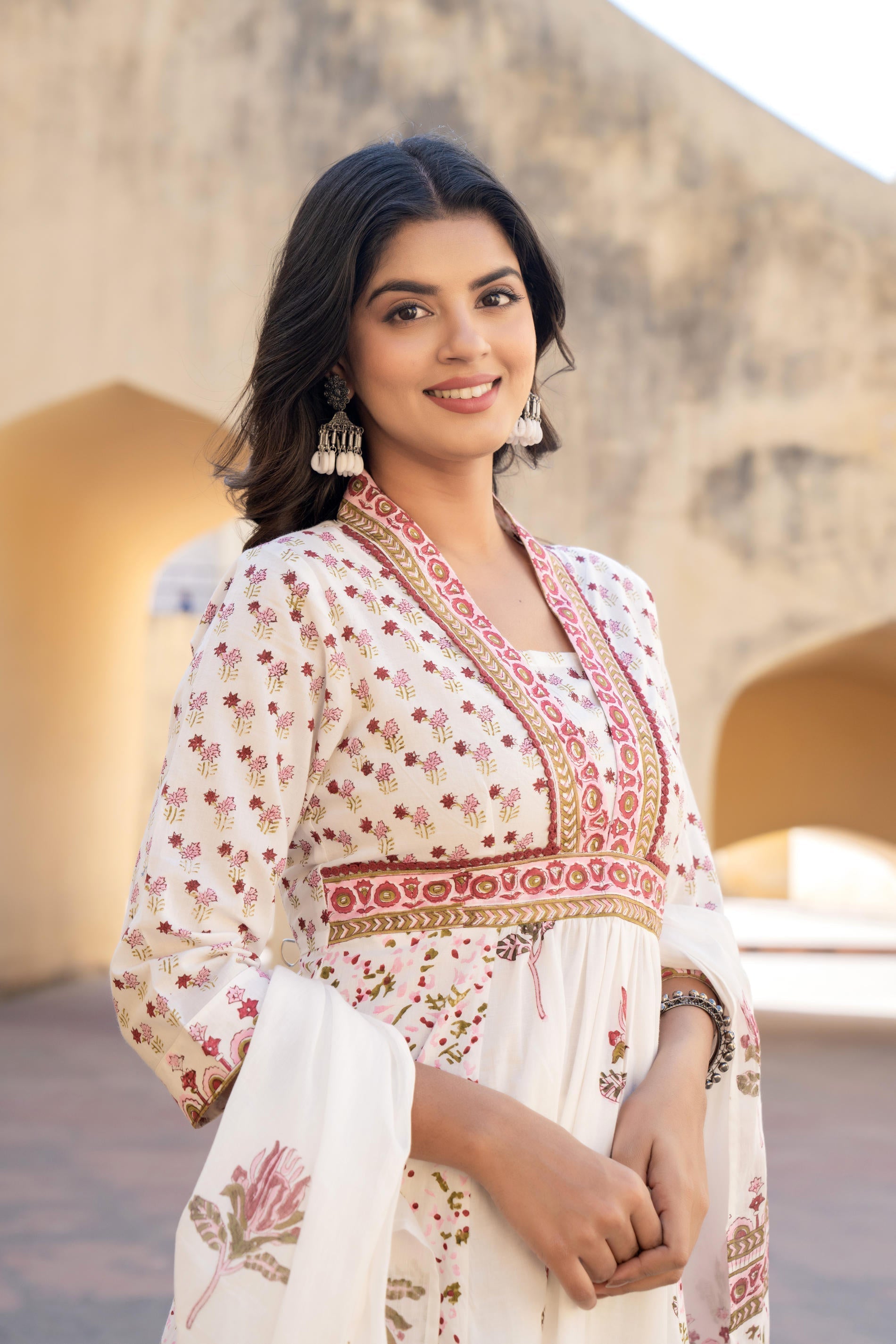 Juniper Gulab Pink Baagh Anarkali Cotton Suit Set