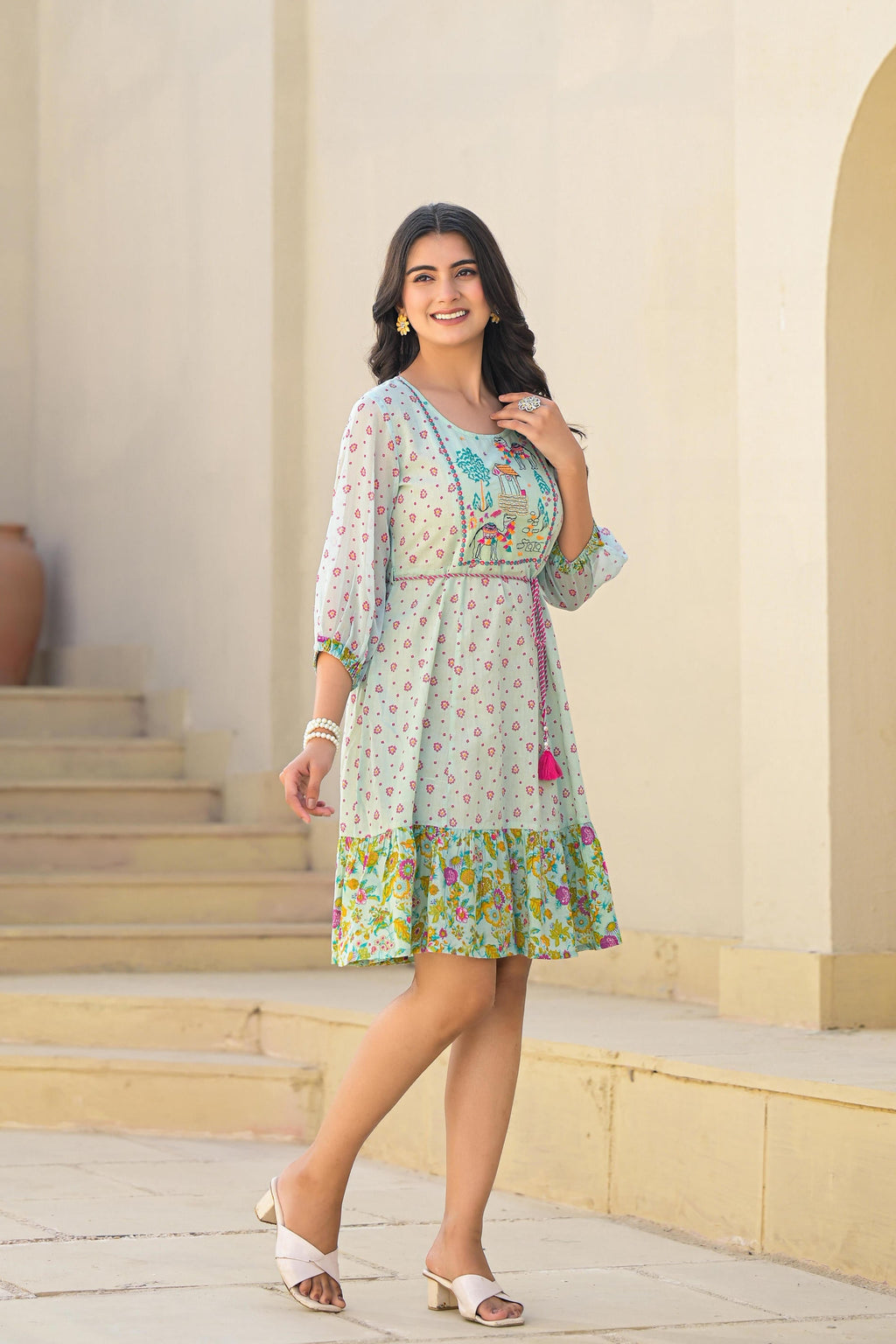 Juniper Mint Green Ethnic Motif Printed Short Dress With Dori