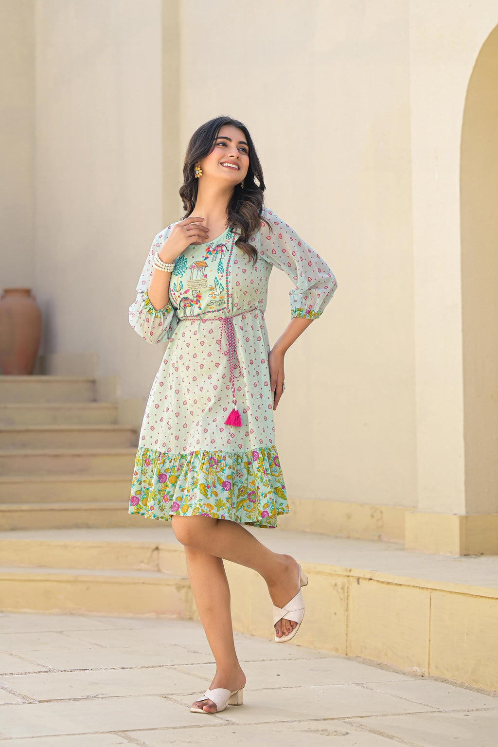 Juniper Mint Green Ethnic Motif Printed Short Dress With Dori