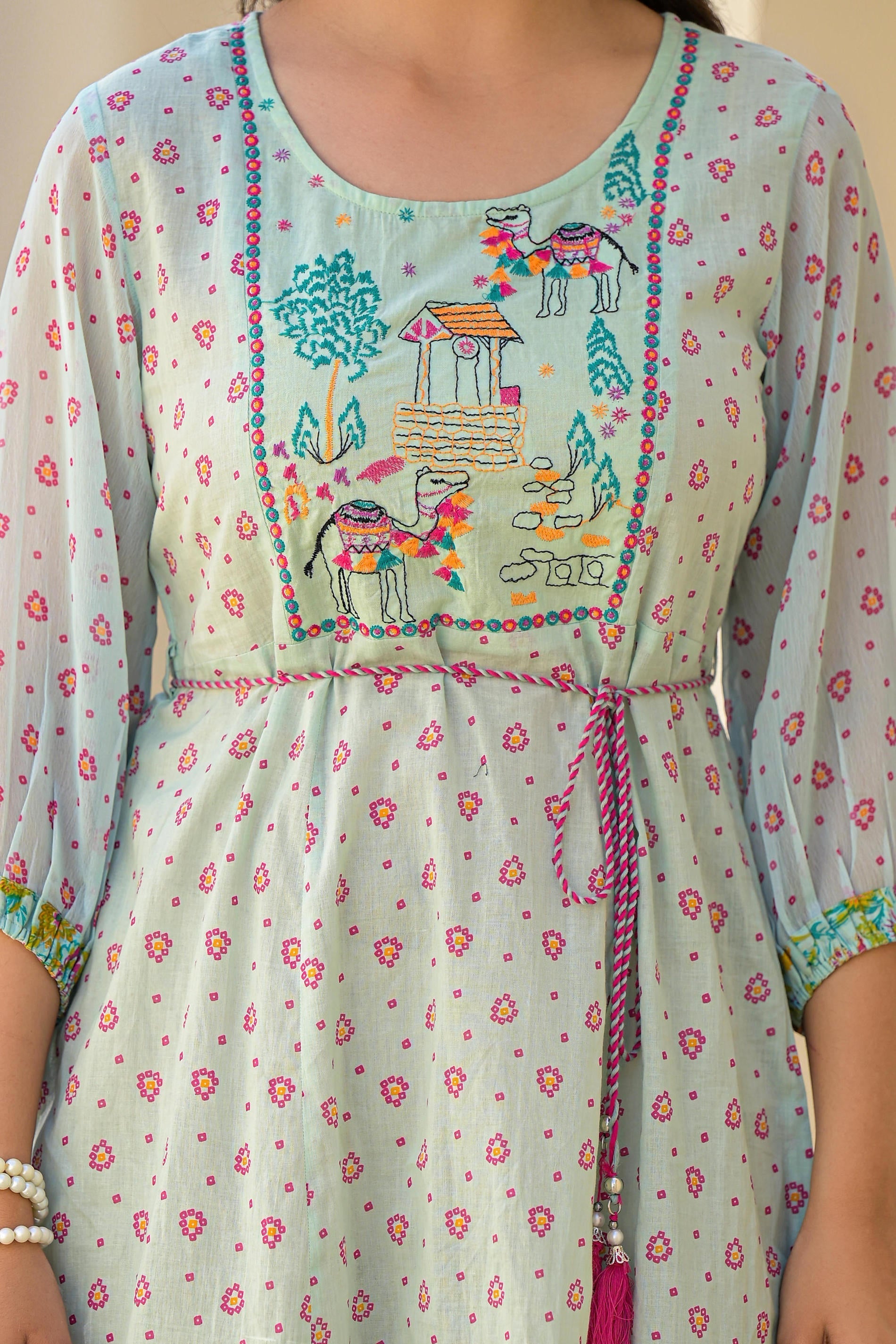 Juniper Mint Green Ethnic Motif Printed Short Dress With Dori